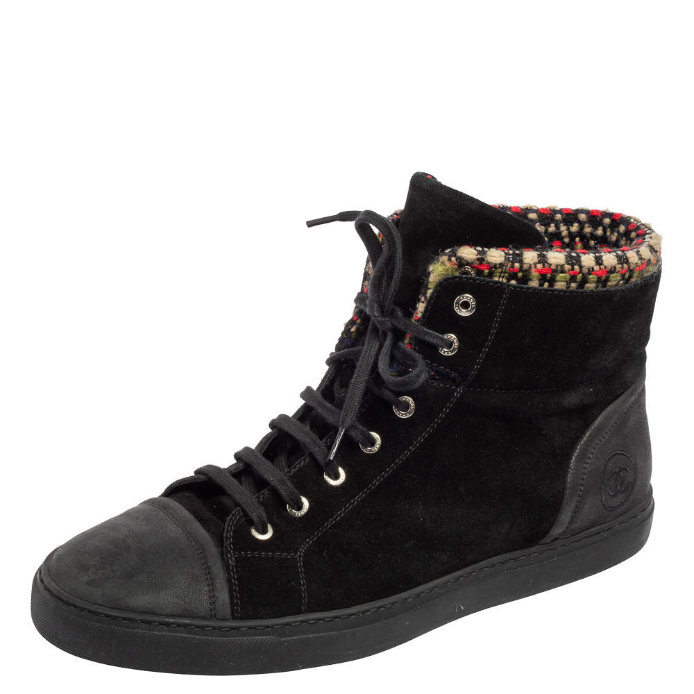 مملوكة مسبقًا حذاء رياضي شانيل تويد وجلد وسويدي أسود مرتفع من أعلى مقاس 45