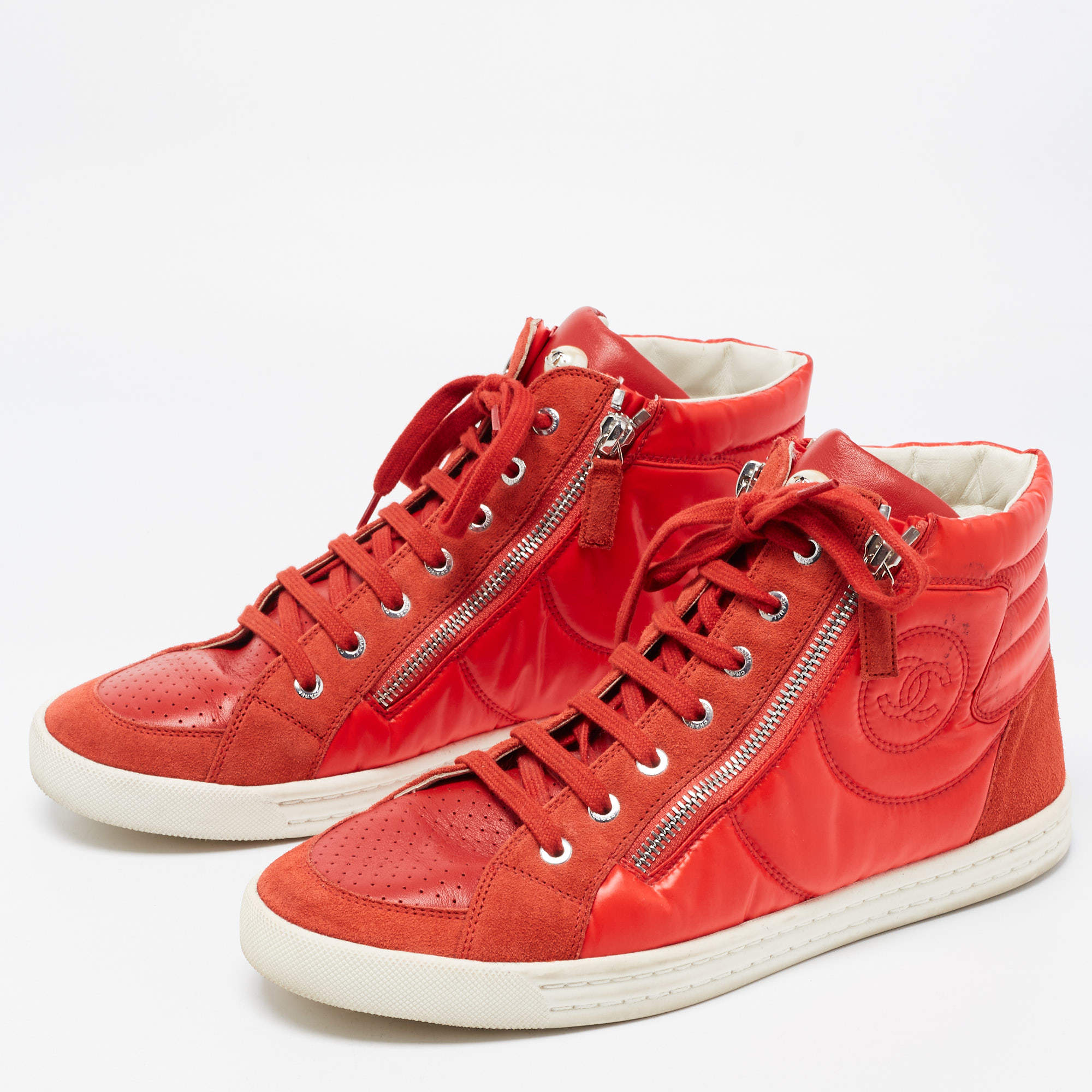 Chanel Red Leather and Nylon CC High Top Sneakers Size 41