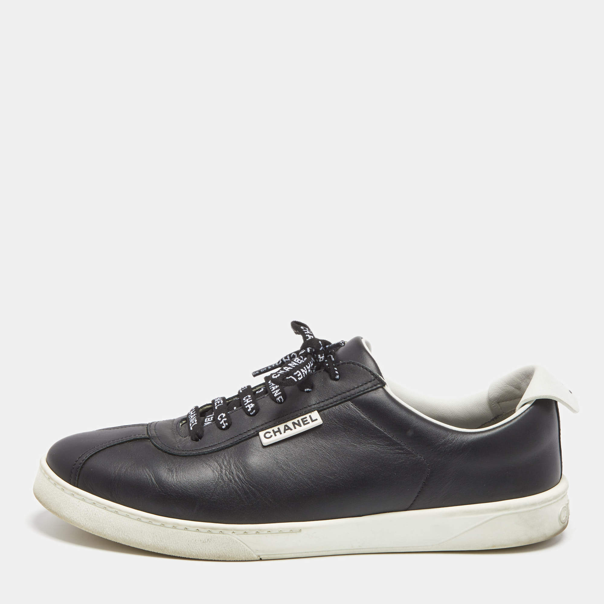 Chanel Black Leather Logo Lace Up CC Low Top Sneakers Size 43