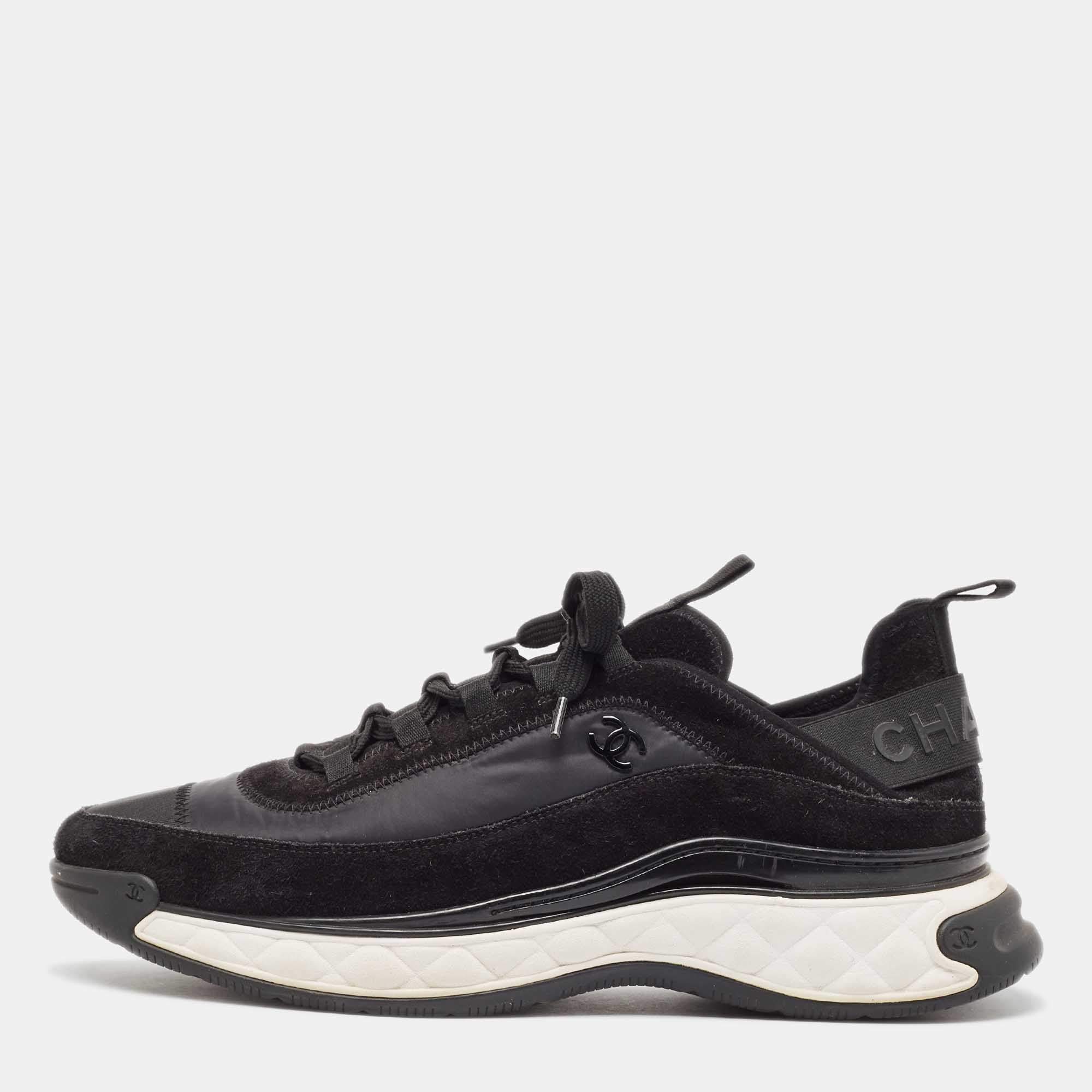 Chanel Black Fabric And Suede CC Low Top Sneakers Size 45