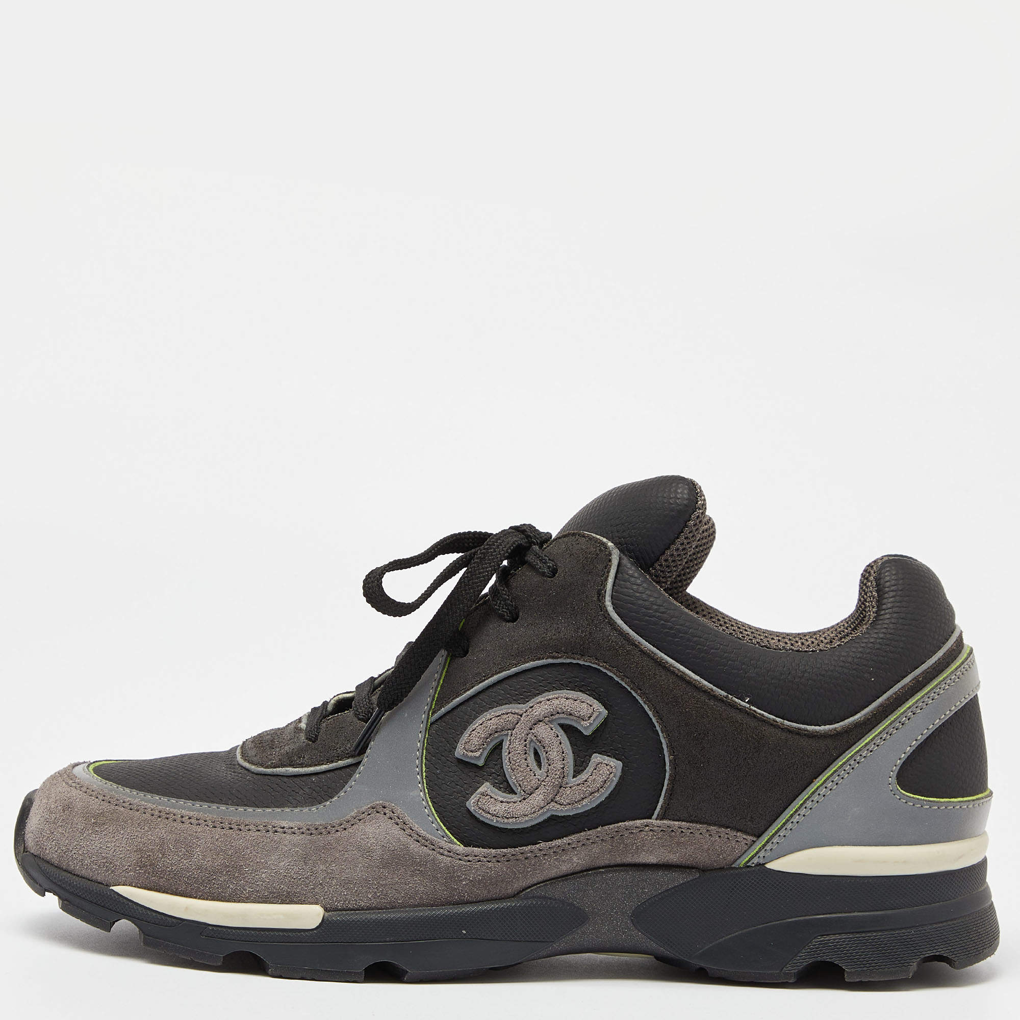 Chanel Grey/Black Leather and Suede CC Low-Top Sneakers Size 42