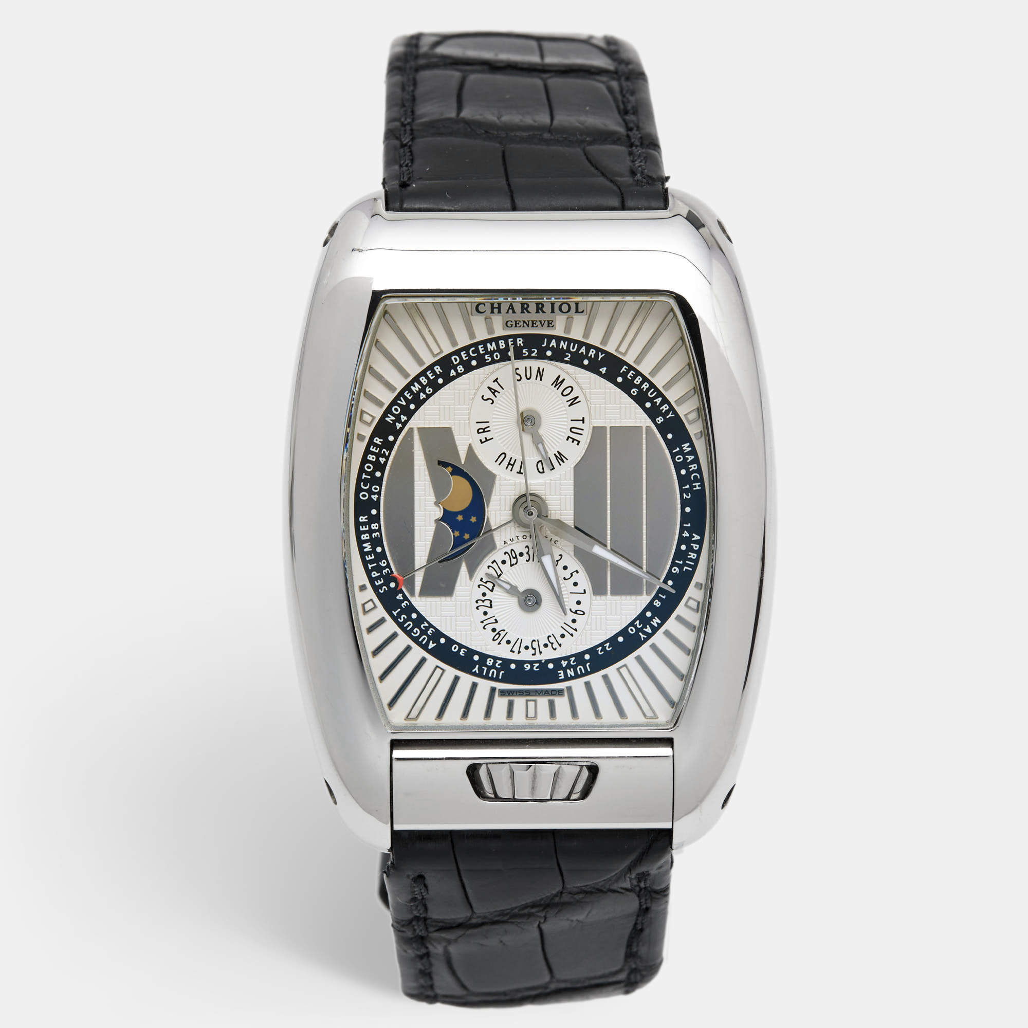 Charriol Silver White Stainless Steel Crocodile Leather Limited Edition Moonphase MD52.791.001 Men's Wristwatch 37 mm