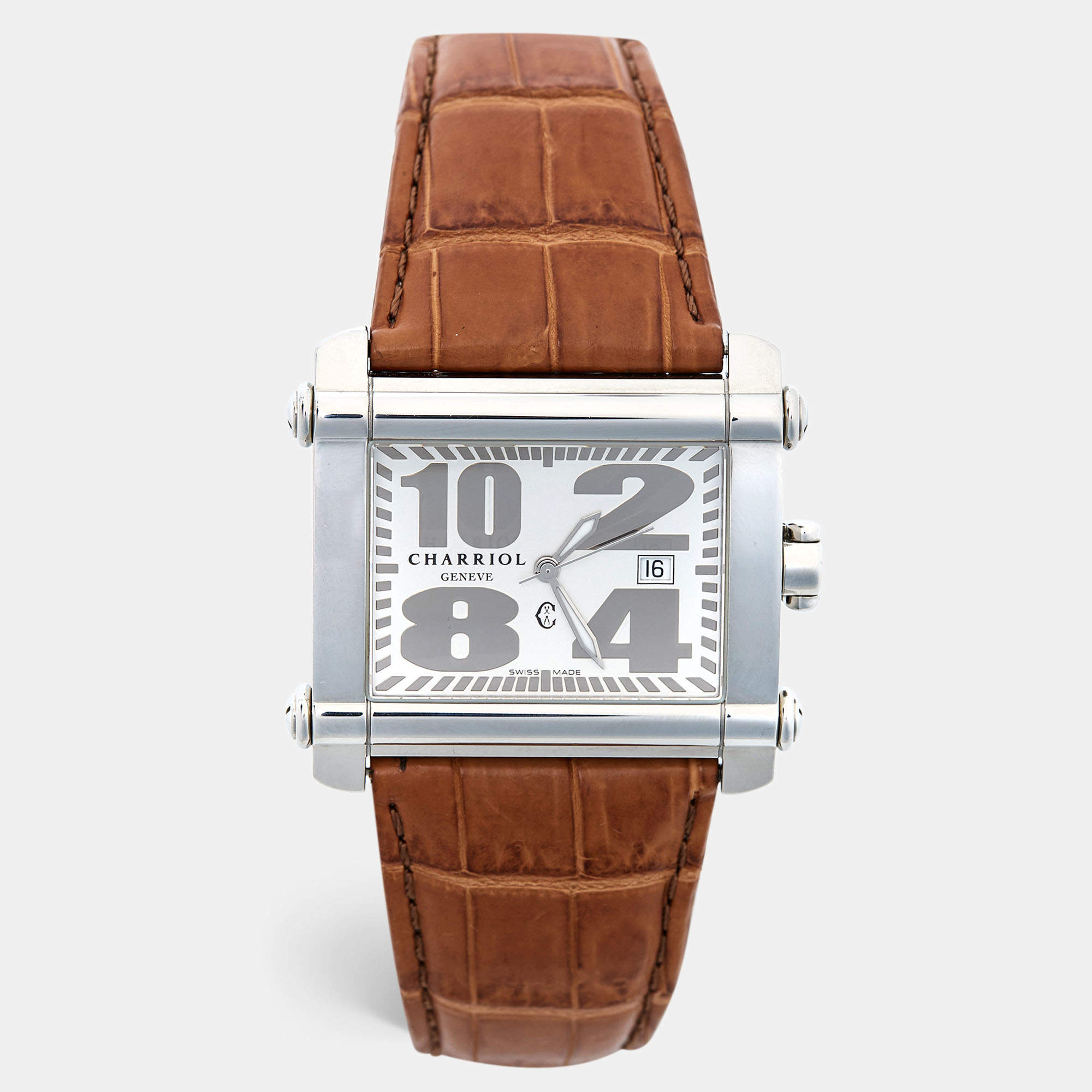 Pre Owned Charriol Silver Stainless Steel Crocodile Leather Actor Ref. CCHXL Men's Wristwatch 39 mm