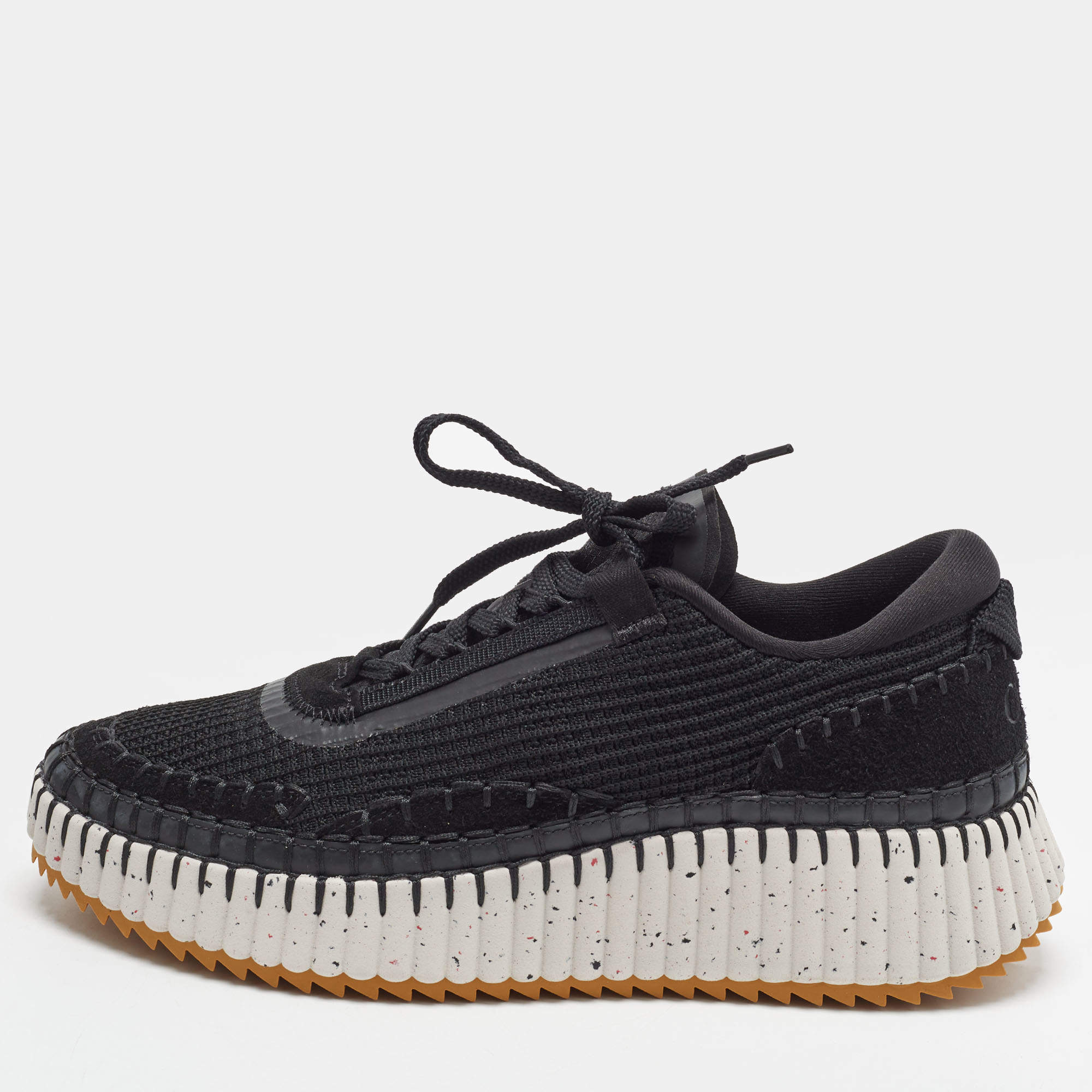 Pre Owned Chloé Nama Size 42 Black Knit Fabric and Suede Lace Up Sneakers