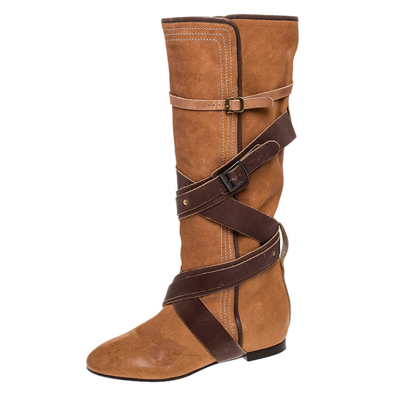 Pre Owned Chloe Brown Leather Cross Strap Knee Length Boots Size 38.5