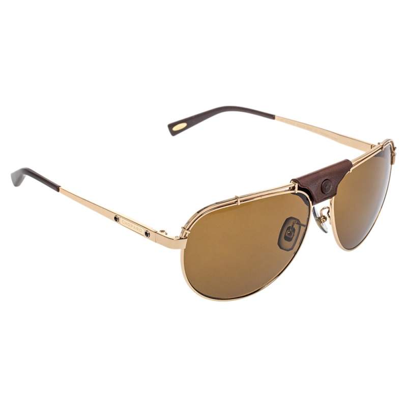 Chopard Gold Tone Titanium /Brown Leather SCHA12 Polarized Aviator Sunglasses