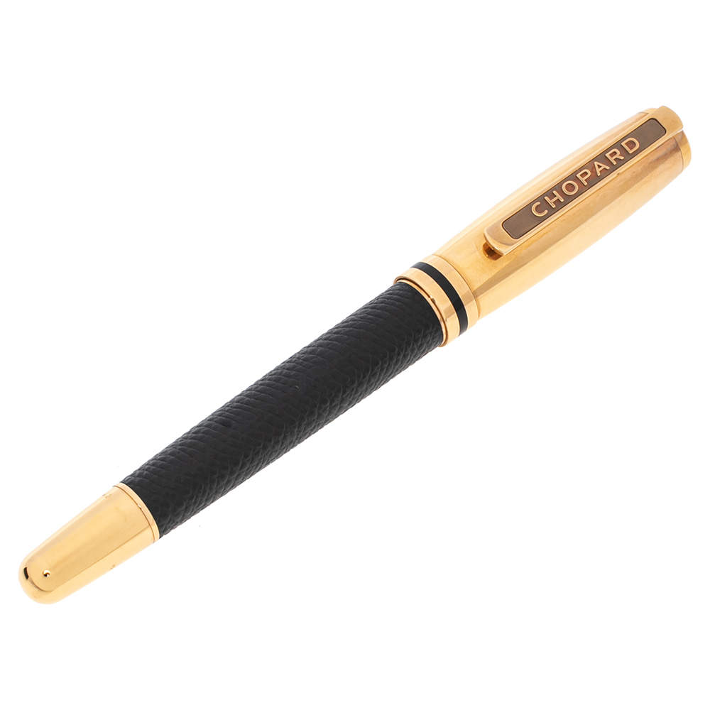 Chopard Black Leather Gold Plated Rollerball Pen