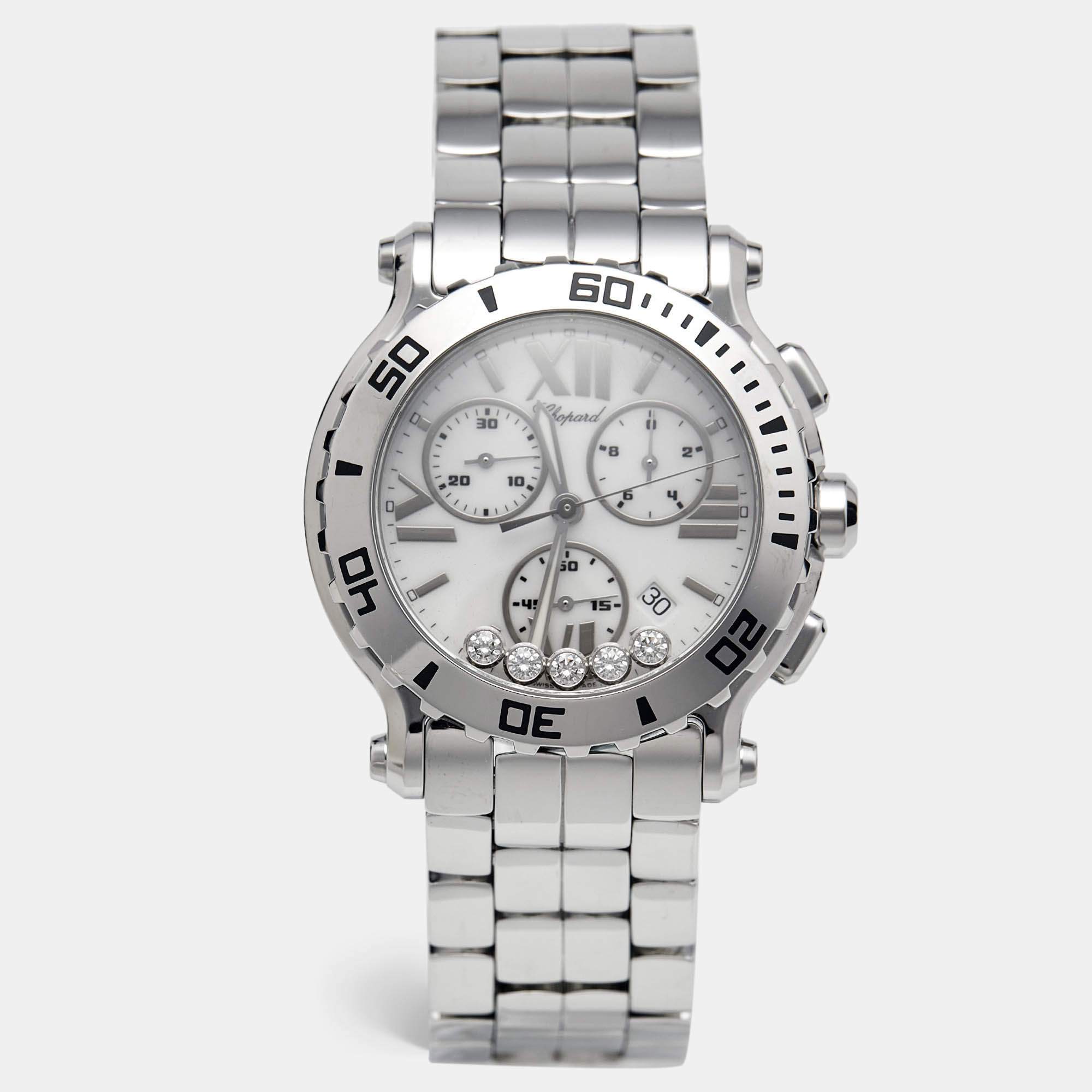 Pre Owned Chopard Happy Sport 288499-3003 White Dial Diamond Stainless Steel Men's Wristwatch 42 mm