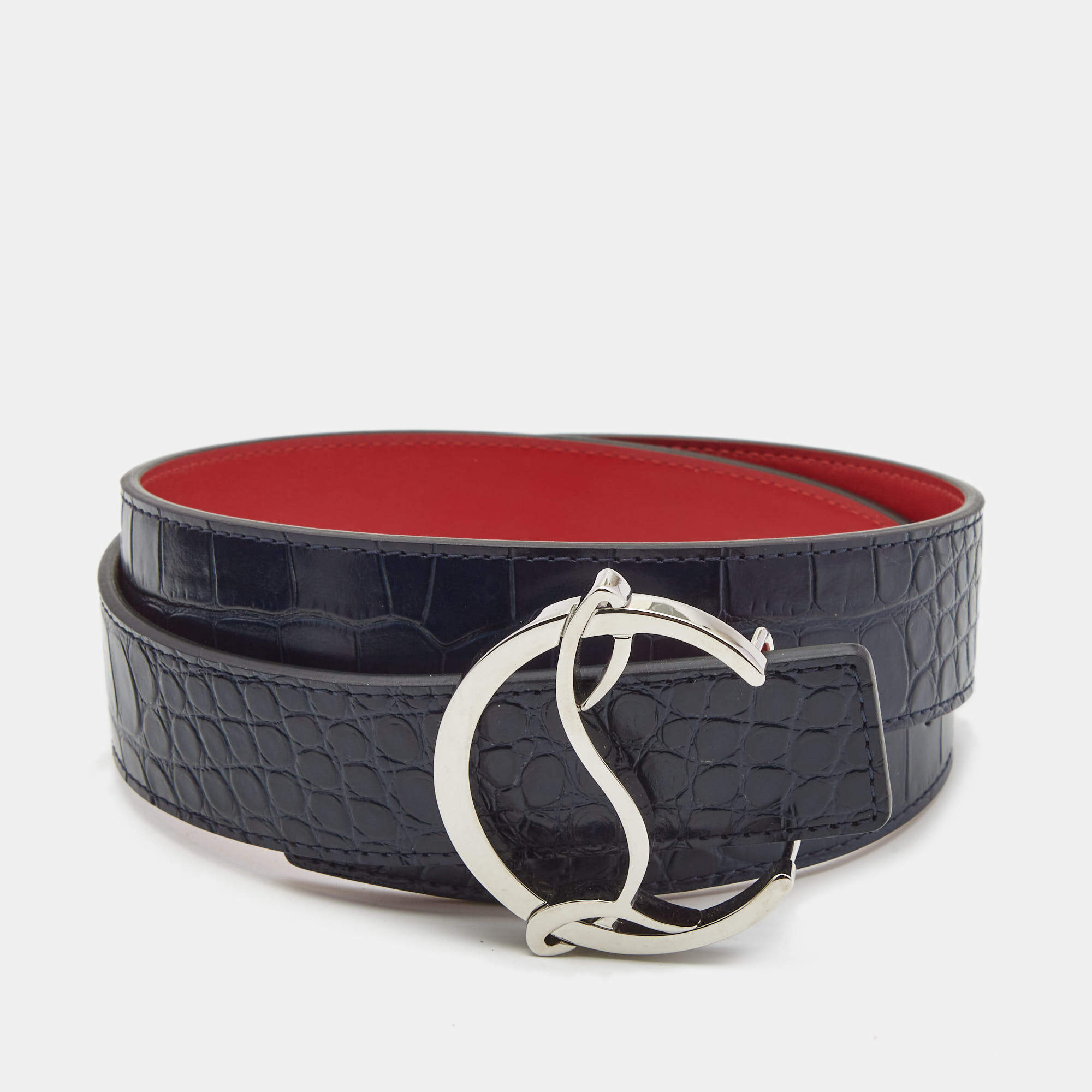 Christian Louboutin Navy Blue/Red Croc Embossed and Leather CL Logo Belt