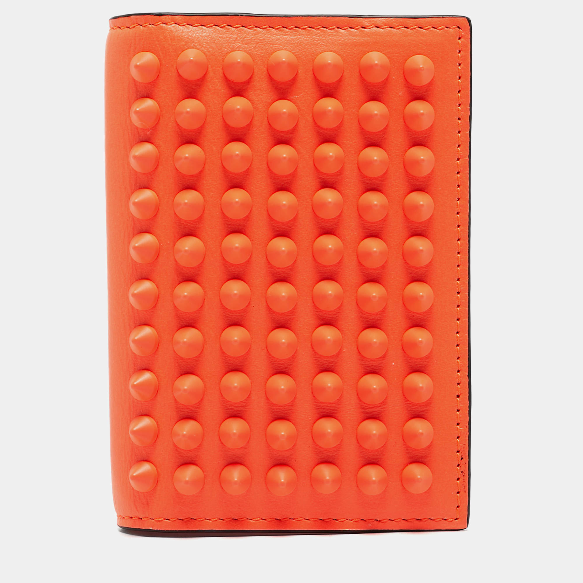 Pre Owned Christian Louboutin Neon Orange Leather Spikes Sifnos Wallet