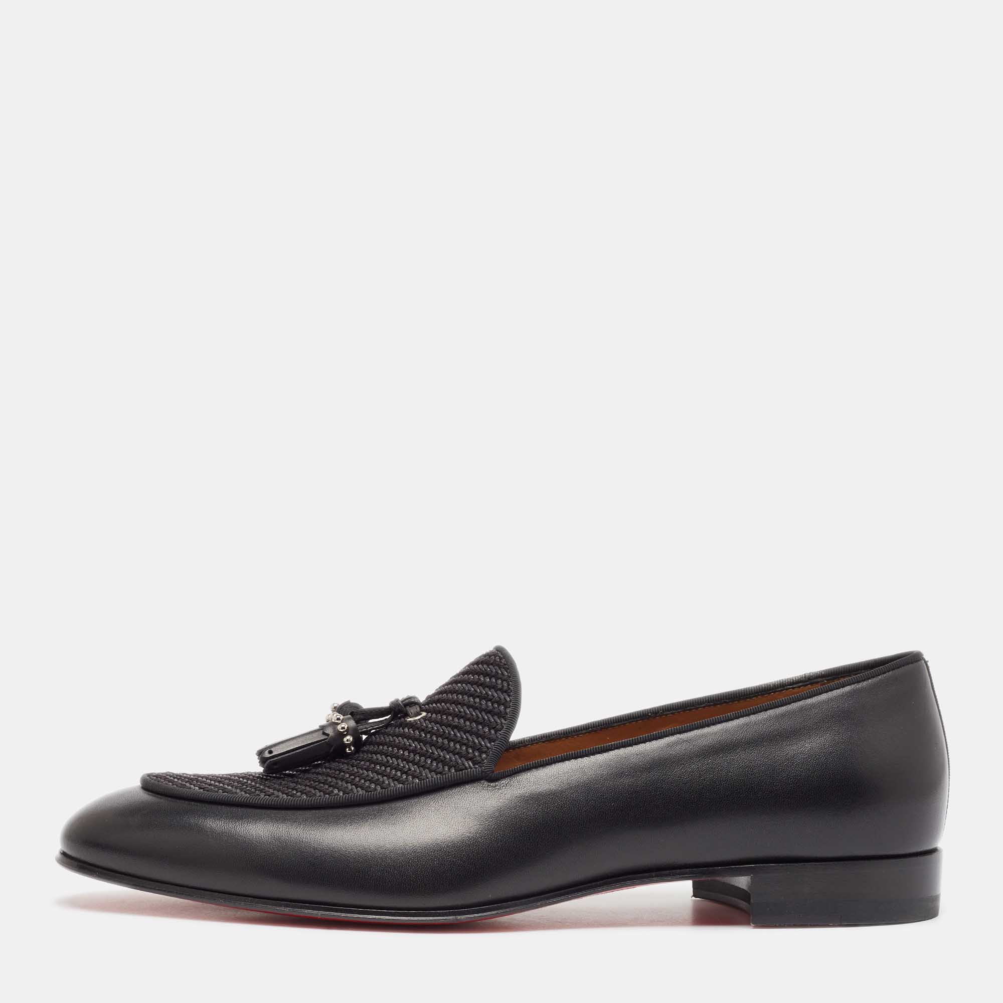 Christian Louboutin Black Leather and Woven Fabric Tassel Detail Loafers Size 43