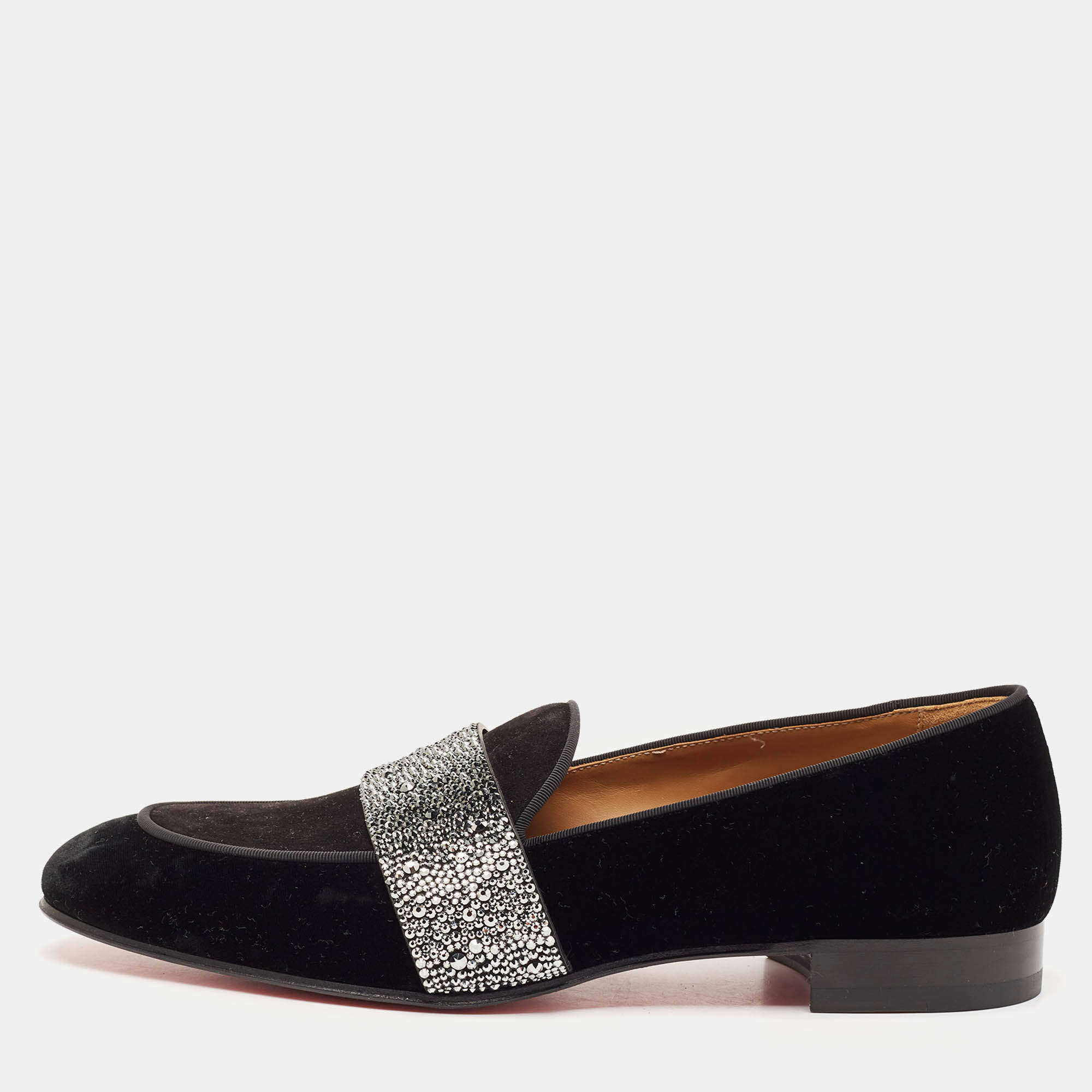 Christian Louboutin Black Velvet and Suede Crystal Embellished Loafers Size 43