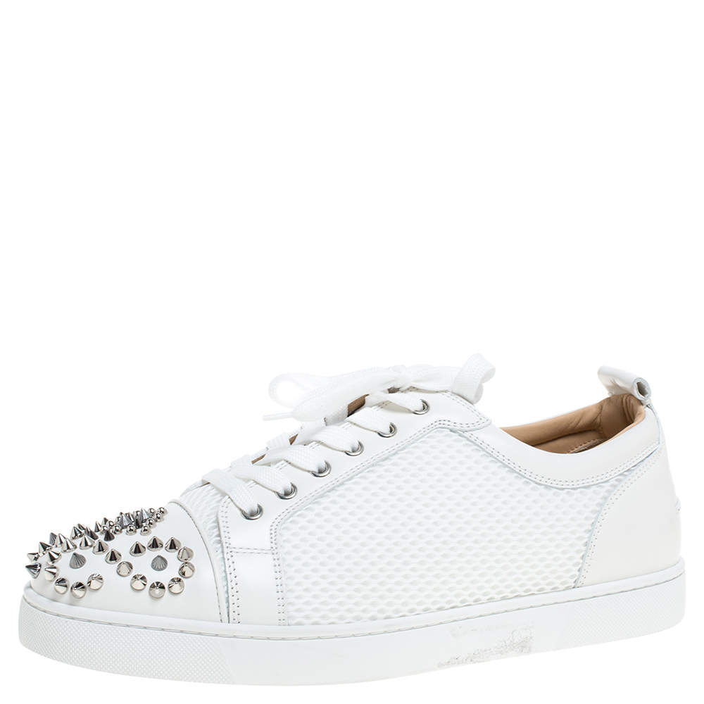 Christian Louboutin White Mesh Fabric and Leather Louis Junior Spikes Low Top Sneakers Size 43.5