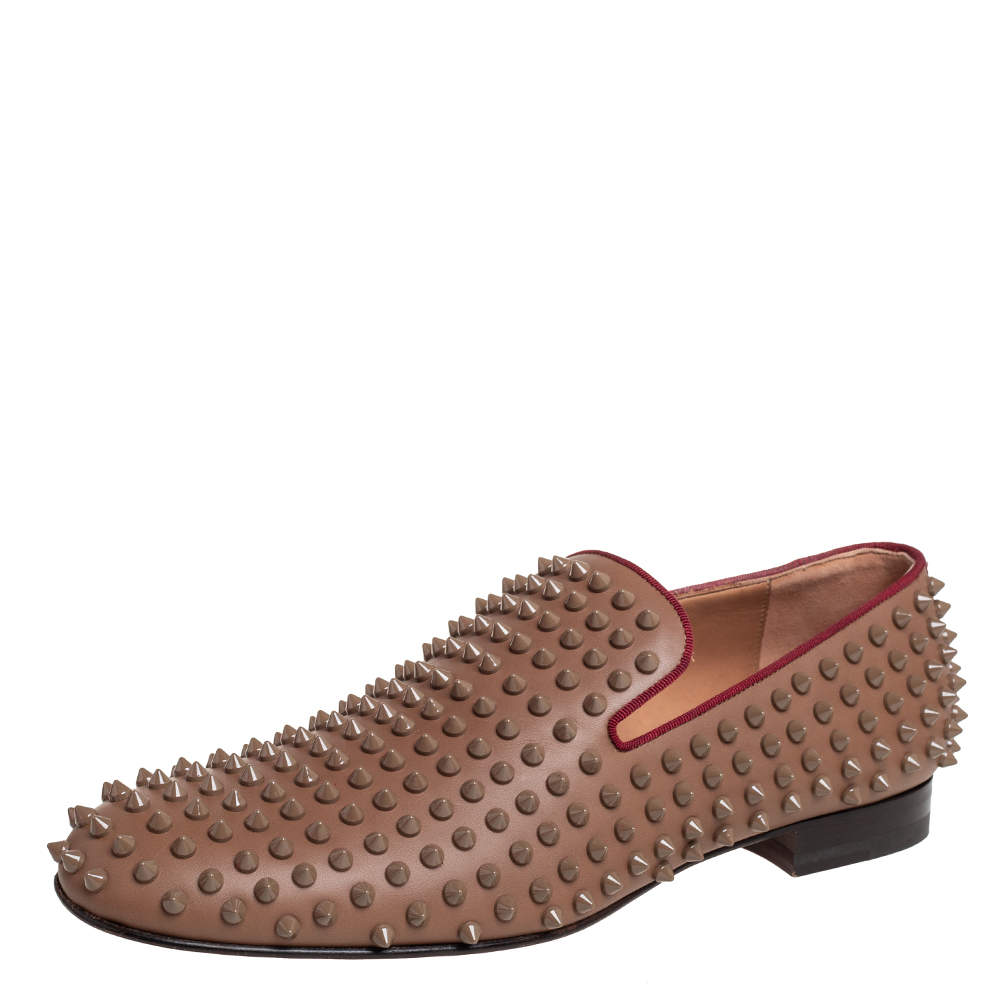 Christian Louboutin Brown Studded Rollerboy Spike Smoking Slippers Size 42