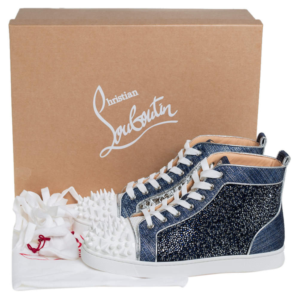 Christian Louboutin Denim Blue Silver White Lou Degra Spikes Studded Hi  High Top Sneakers Size 40 Christian Louboutin