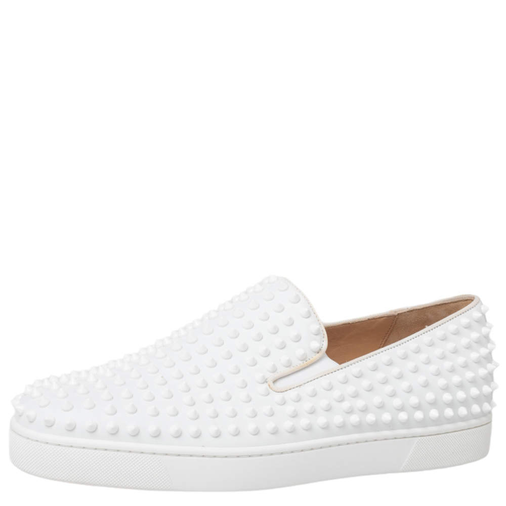 Pre Owned Christian Louboutin White Leather Roller Boat Spike Slip On Sneakers Size 44.5