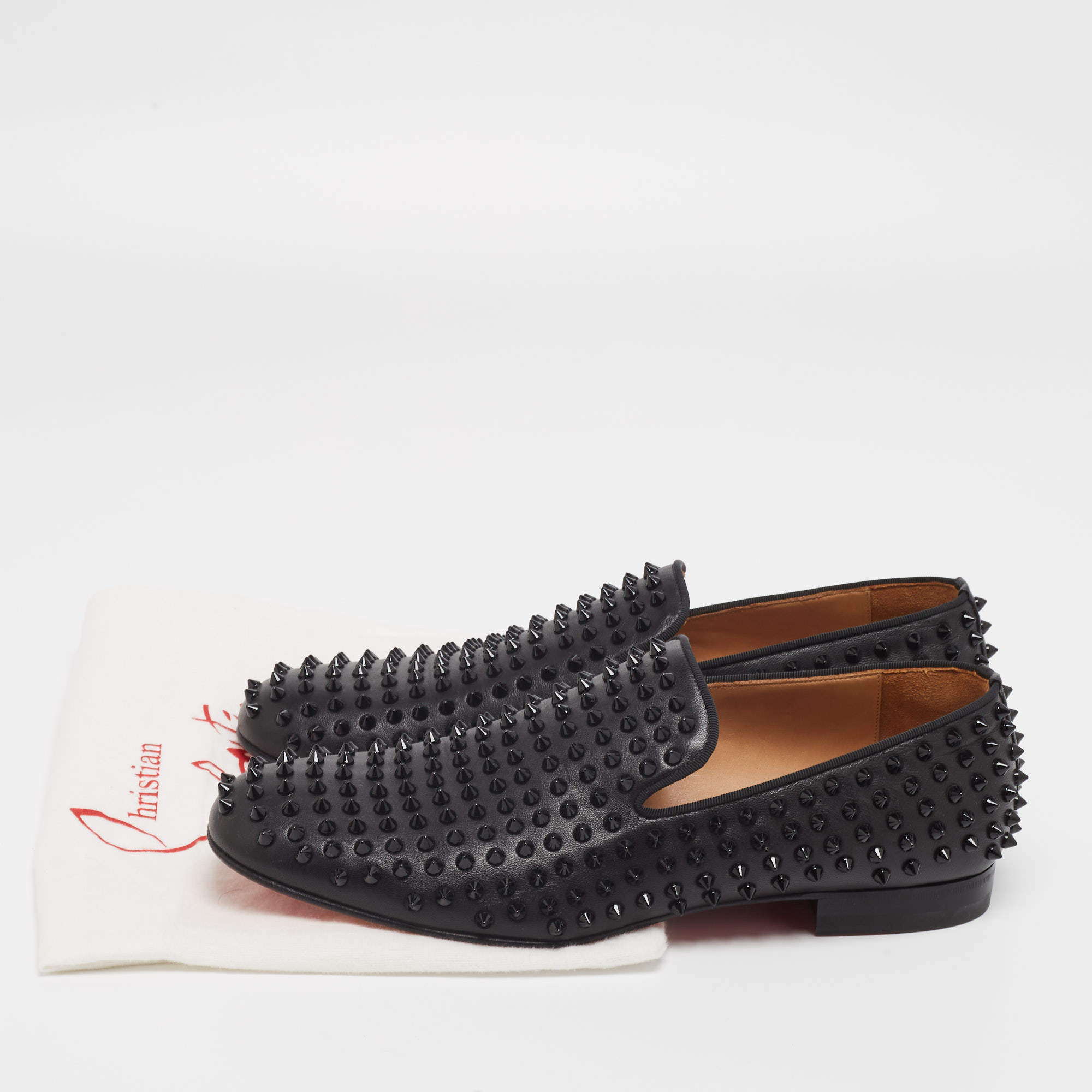 Christian Louboutin Black Leather Rolling Spikes Flat Loafers Size 6.5/37 -  Yoogi's Closet