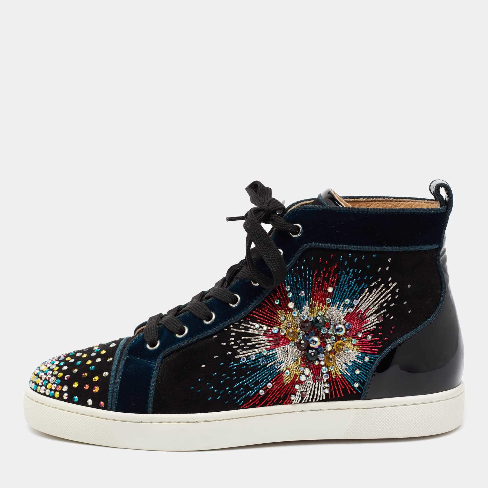 Pre Owned Christian Louboutin Black/Blue Suede, Velvet and Patent Leather Louis on Fire Fireworks High-Top Sneakers Size 43