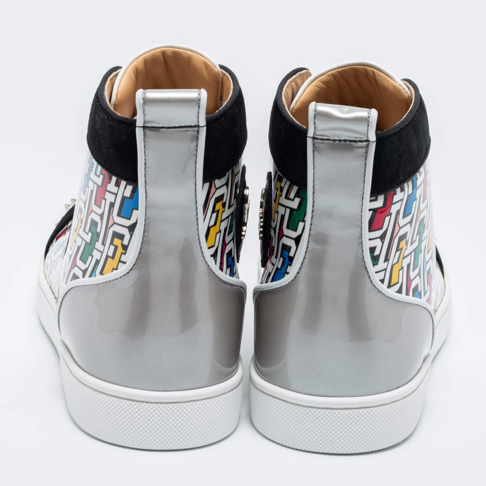 مملوكة مسبقًا Christian Louboutin Multicolor Printed Patent, Suede and Leather Lou Spikes Orlato High-Top Sneakers Size 42