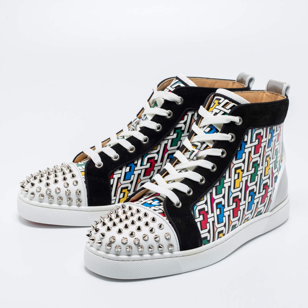 مملوكة مسبقًا Christian Louboutin Multicolor Printed Patent, Suede and Leather Lou Spikes Orlato High-Top Sneakers Size 42