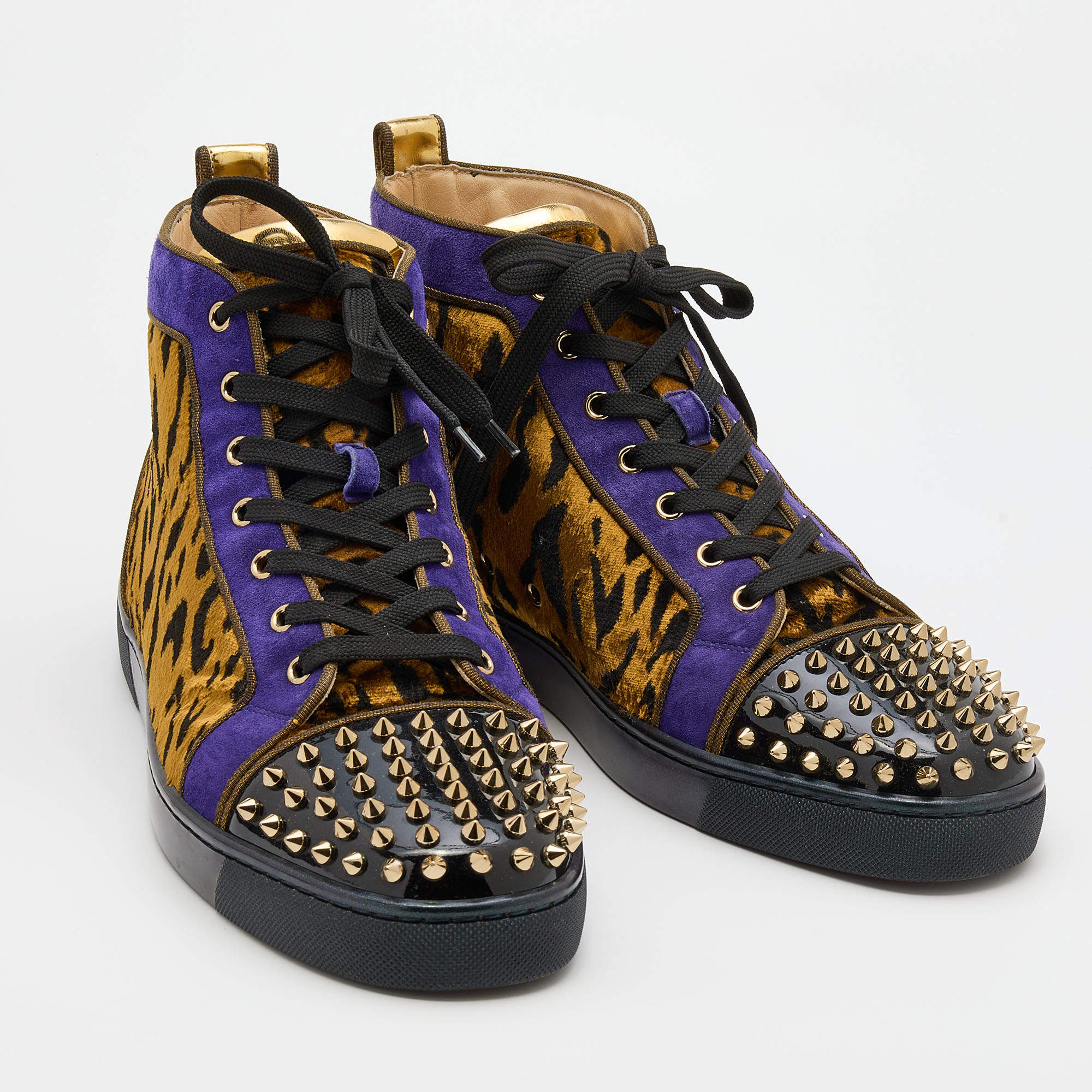 Christian Louboutin Multicolor Leather and Animal Print Fabric Lou Spikes  Sneakers Size 43.5 Christian Louboutin