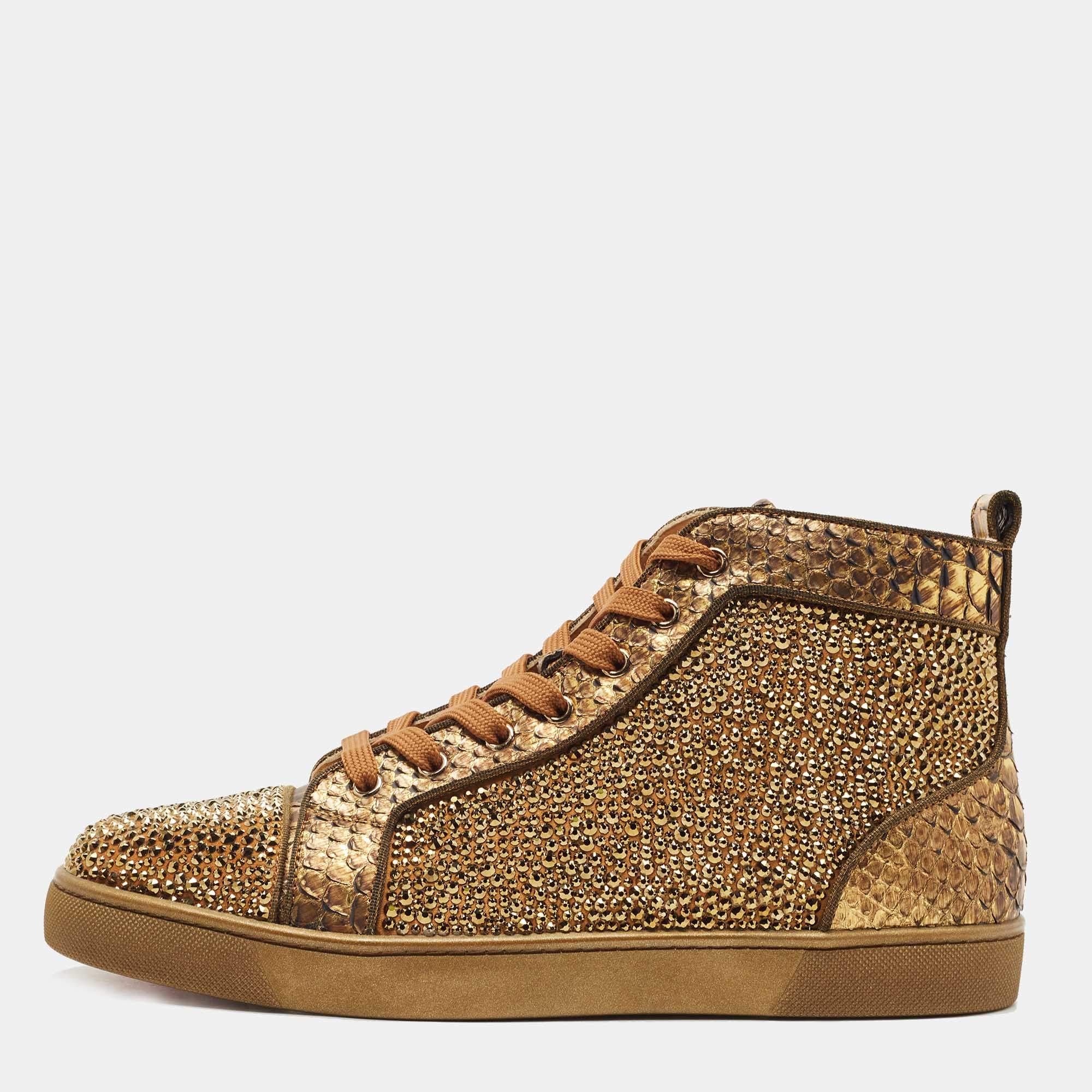 Christian Louboutin Gold Python Louis Flat Strass High-Top Sneakers Size 44