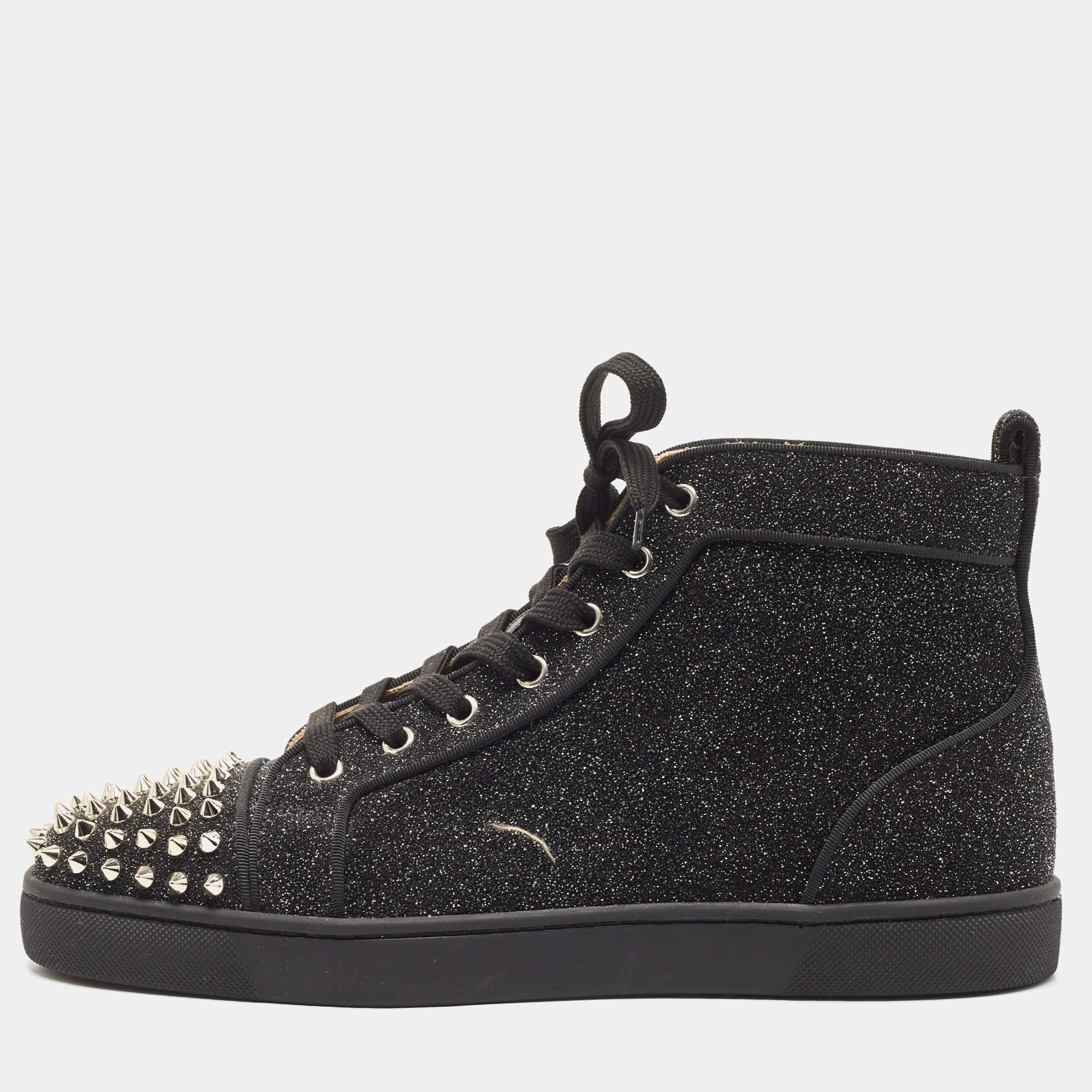 Pre Owned Christian Louboutin Black Glitter Louis Spike High Top Sneakers Size 42
