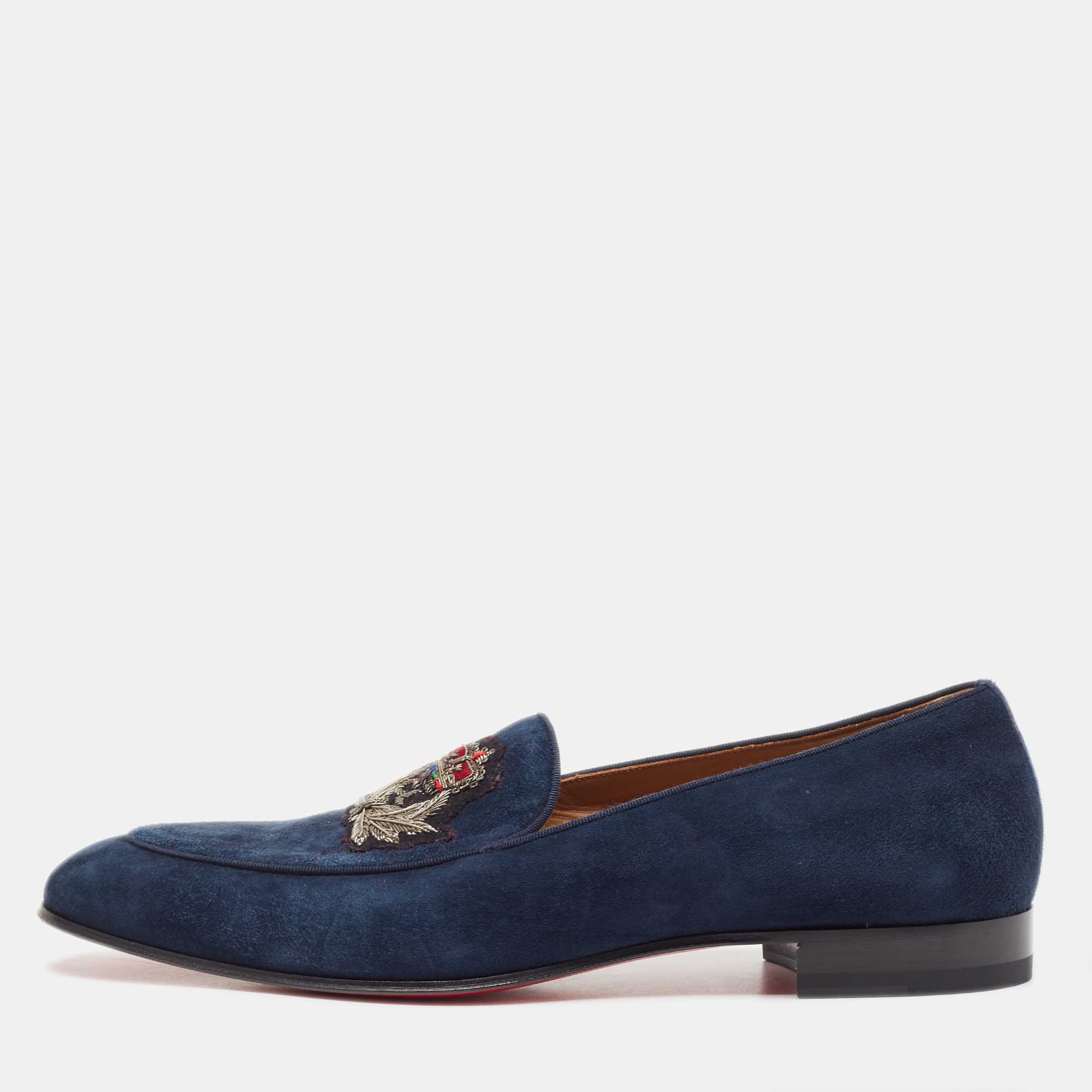 Pre Owned Christian Louboutin Navy Blue Suede Nile Loafers Size 43