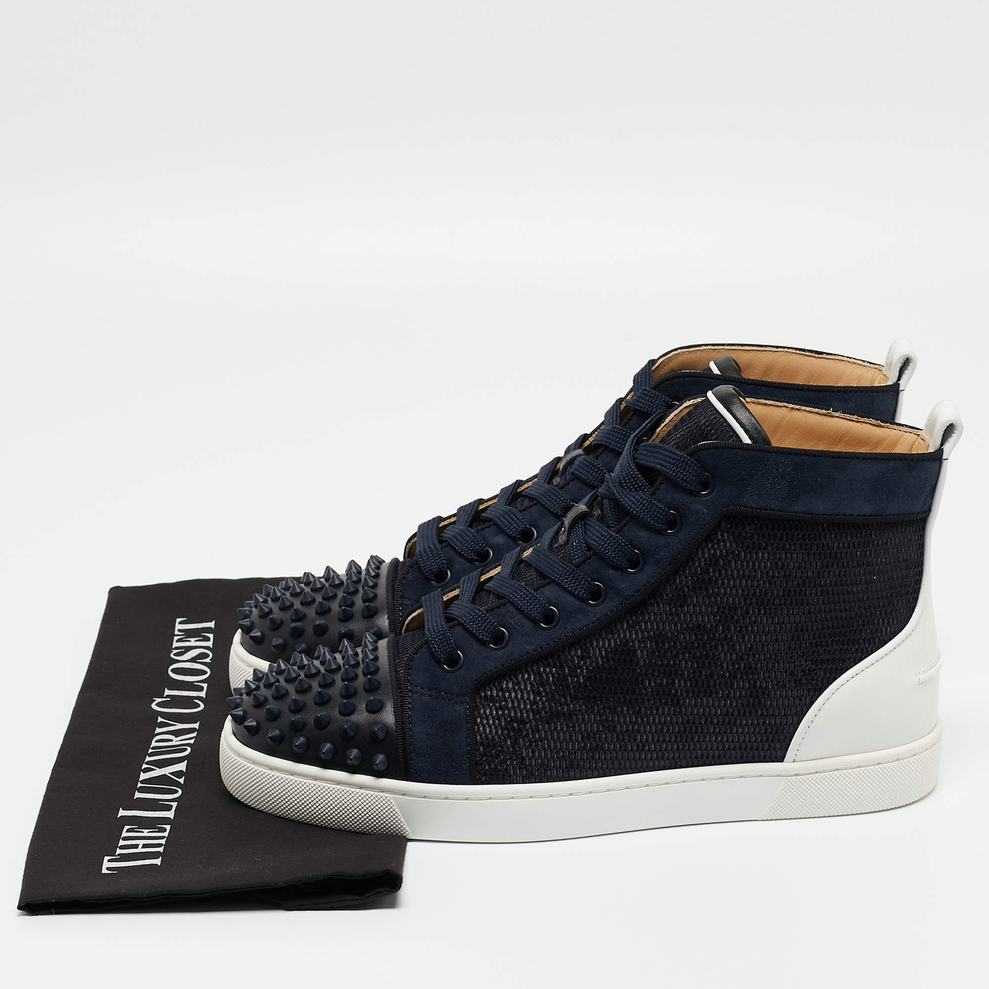 Pre Owned Christian Louboutin Navy Blue/White Leather Lou Spike Orlato Sneakers Size41 