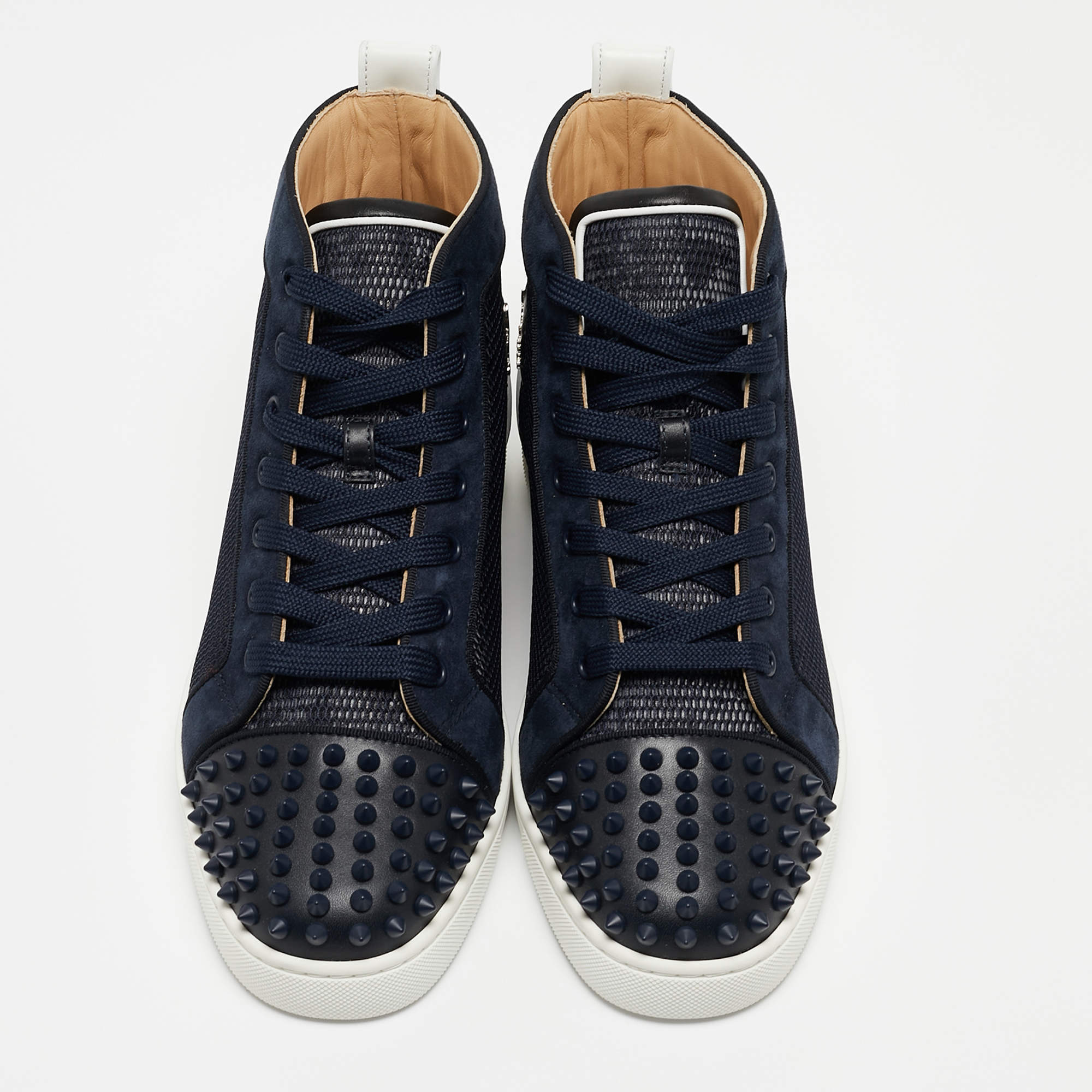 Pre Owned Christian Louboutin Navy Blue/White Leather Lou Spike Orlato Sneakers Size41 