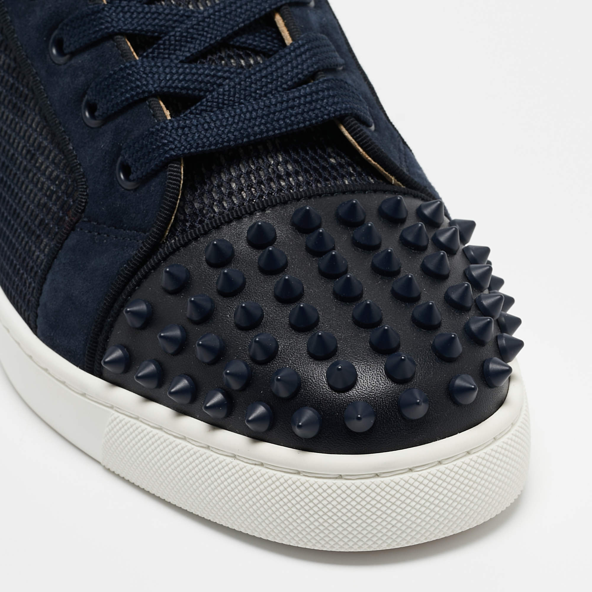 Pre Owned Christian Louboutin Navy Blue/White Leather Lou Spike Orlato Sneakers Size41 