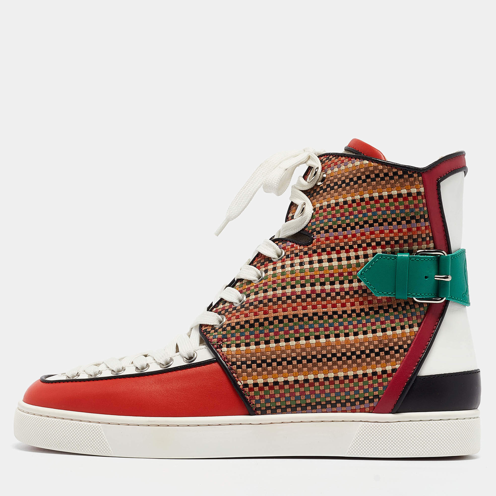 مملوكة مسبقًا Christian Louboutin Multicolor Woven Leather Buckle Detail High Top Sneakers Size 42.5