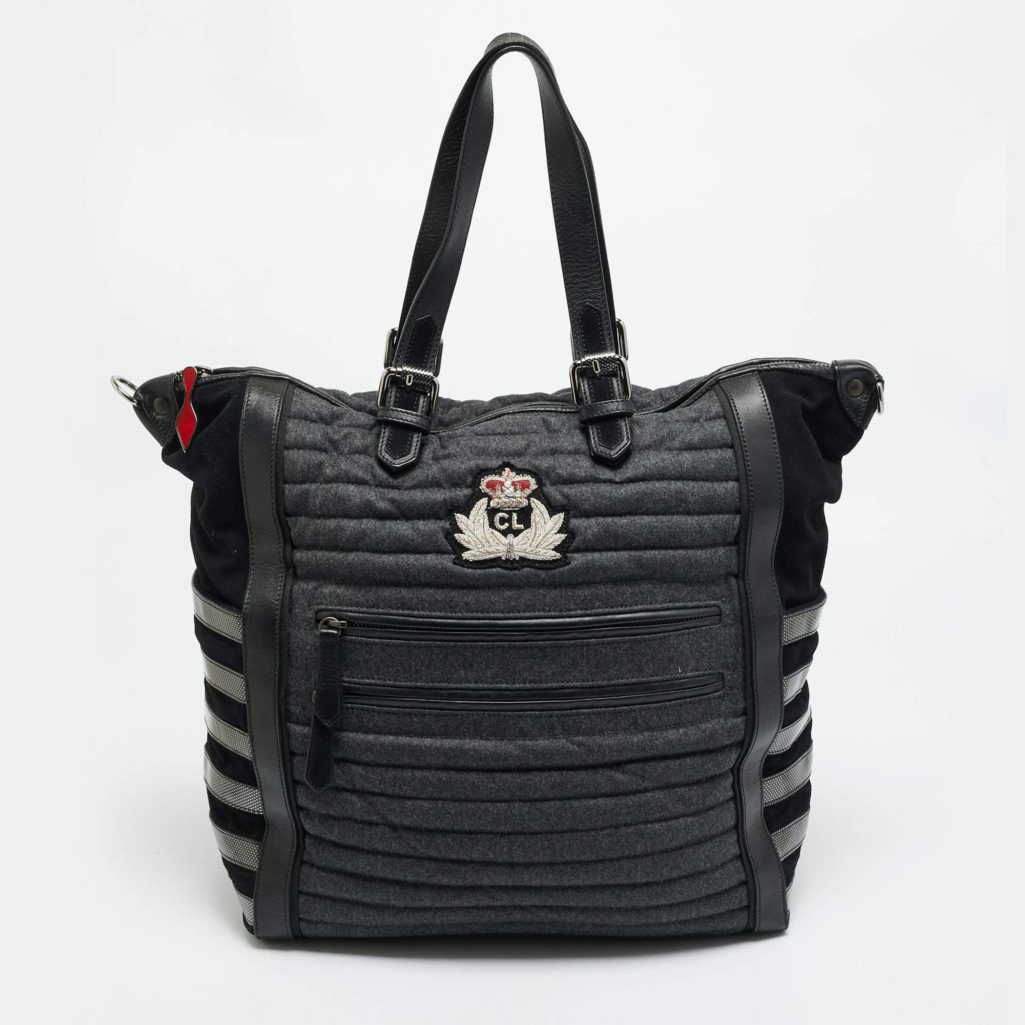 مملوكة مسبقًا Christian Louboutin Crest Logo Patch Black/Grey Fabric and Mix Leather Tote