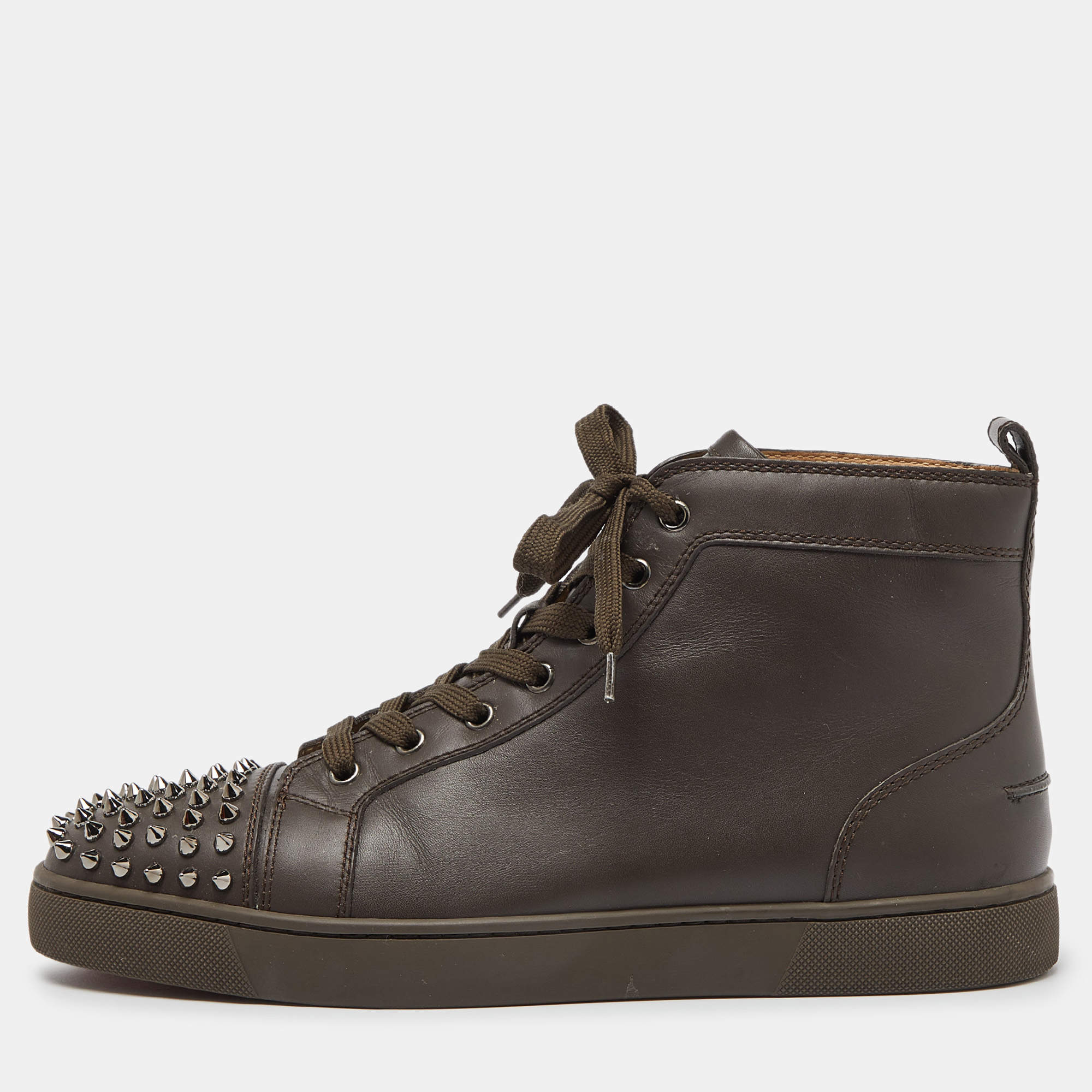 مملوكة مسبقًا Christian Louboutin Brown Leather Lou Spikes High Top Sneakers Size 43.5