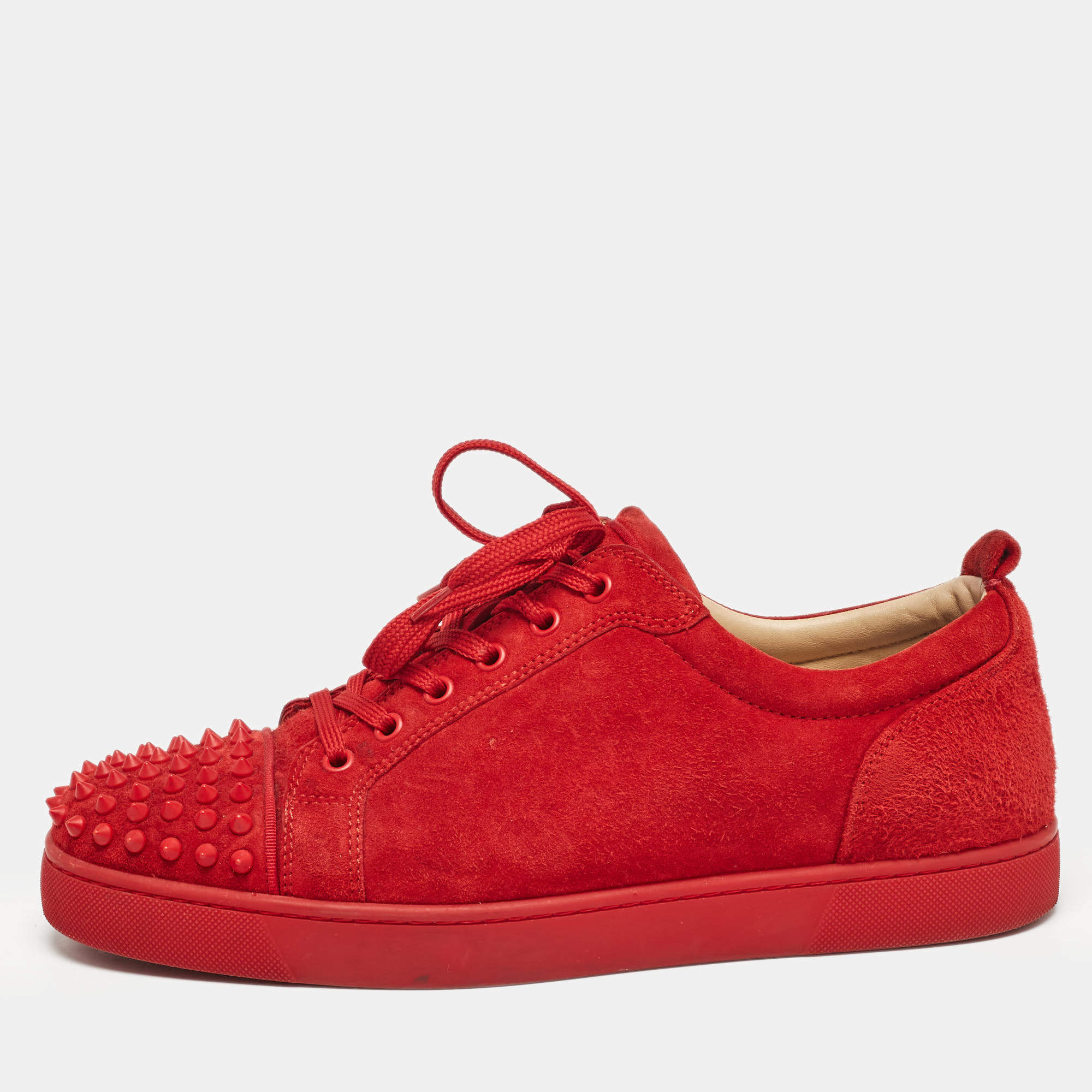 Christian Louboutin Red Suede Louis Junior Spikes Low Top Sneakers Size 43.5