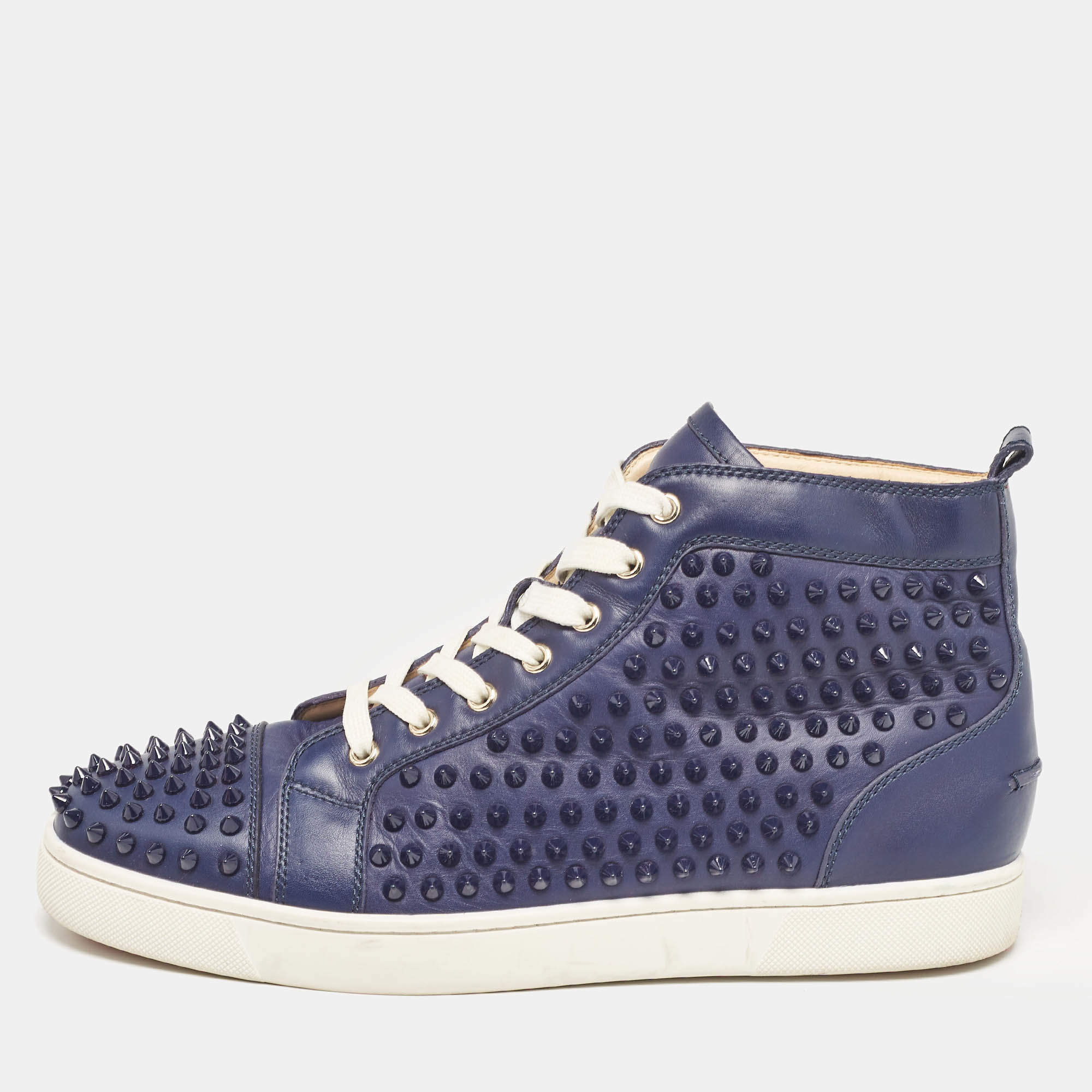 Christian Louboutin Navy Blue Leather Louis Spikes High Top Sneakers Size 43.5