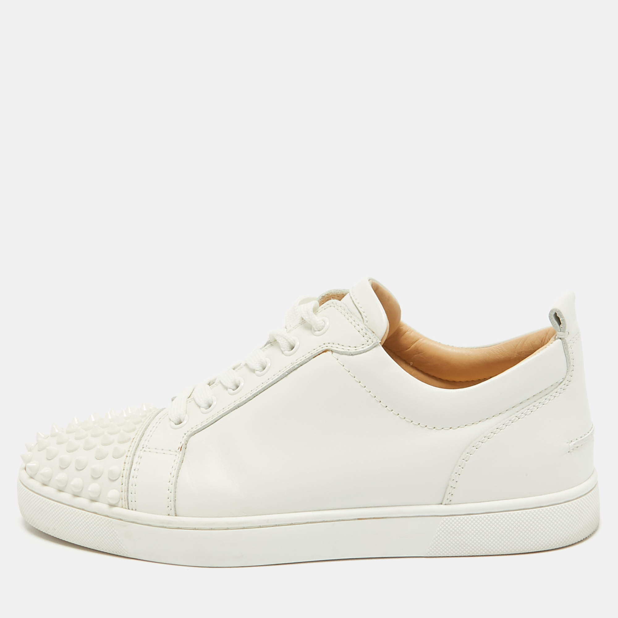Pre Owned Christian Louboutin White Leather Louis Junior Spikes Lace Up Sneakers Size 40.5
