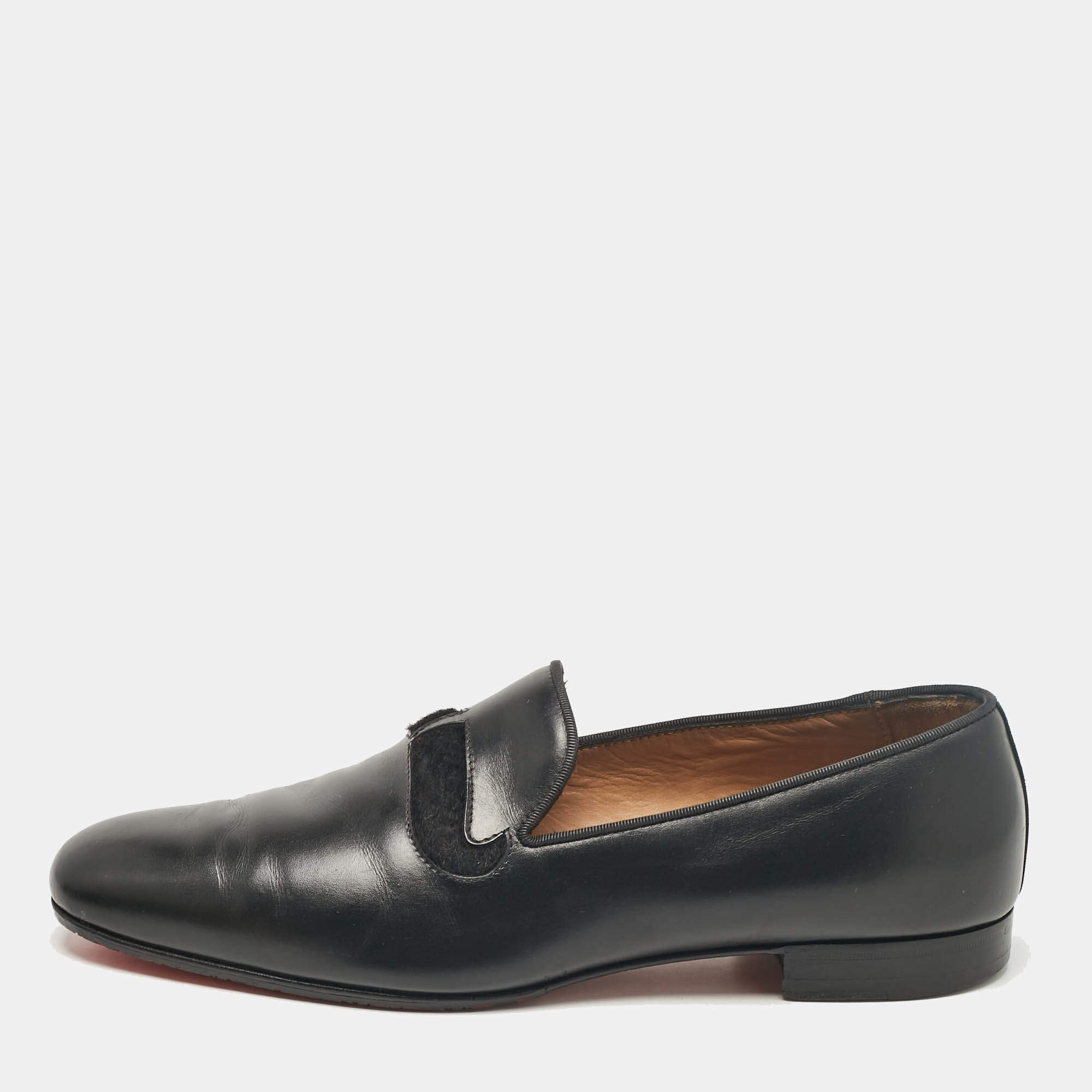 Christian Louboutin Black Leather and Calf Hair Smoking Slippers Size 43