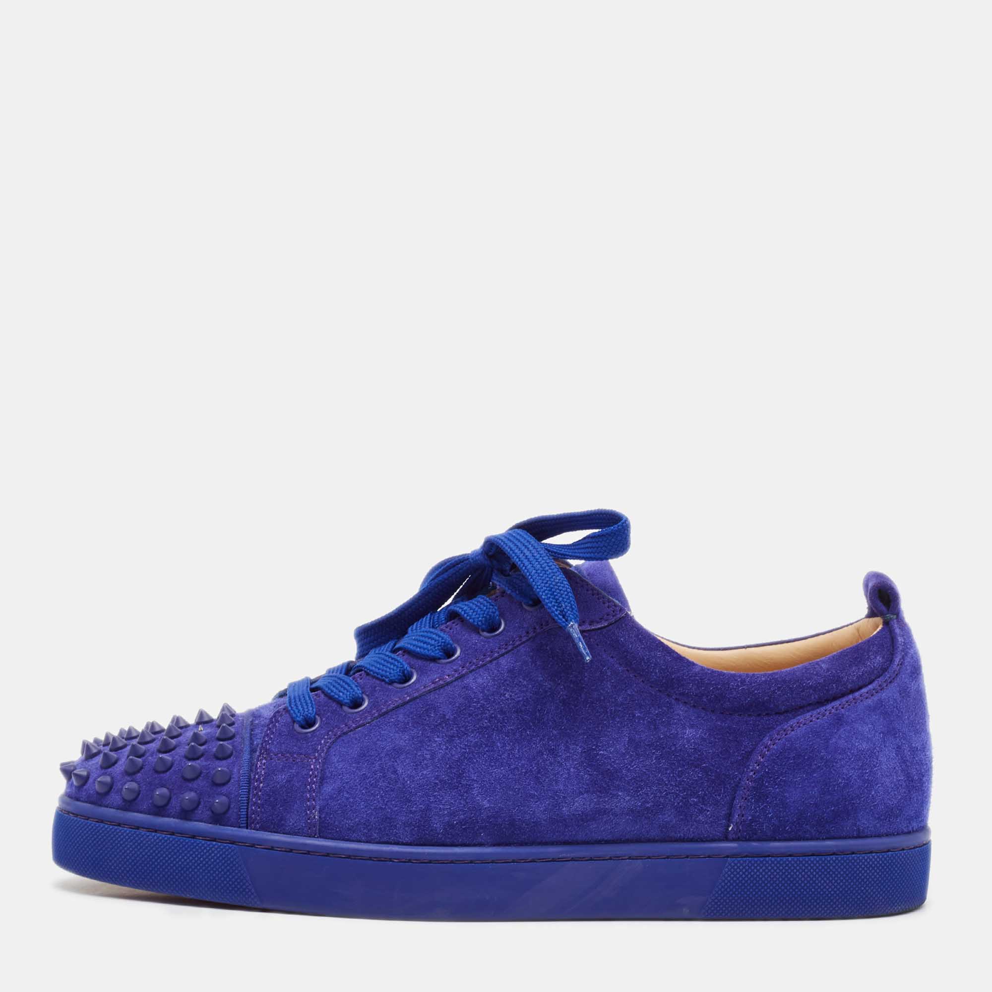 Christian Louboutin Blue Suede Louis Junior Spikes Lace Up Sneakers Size 44