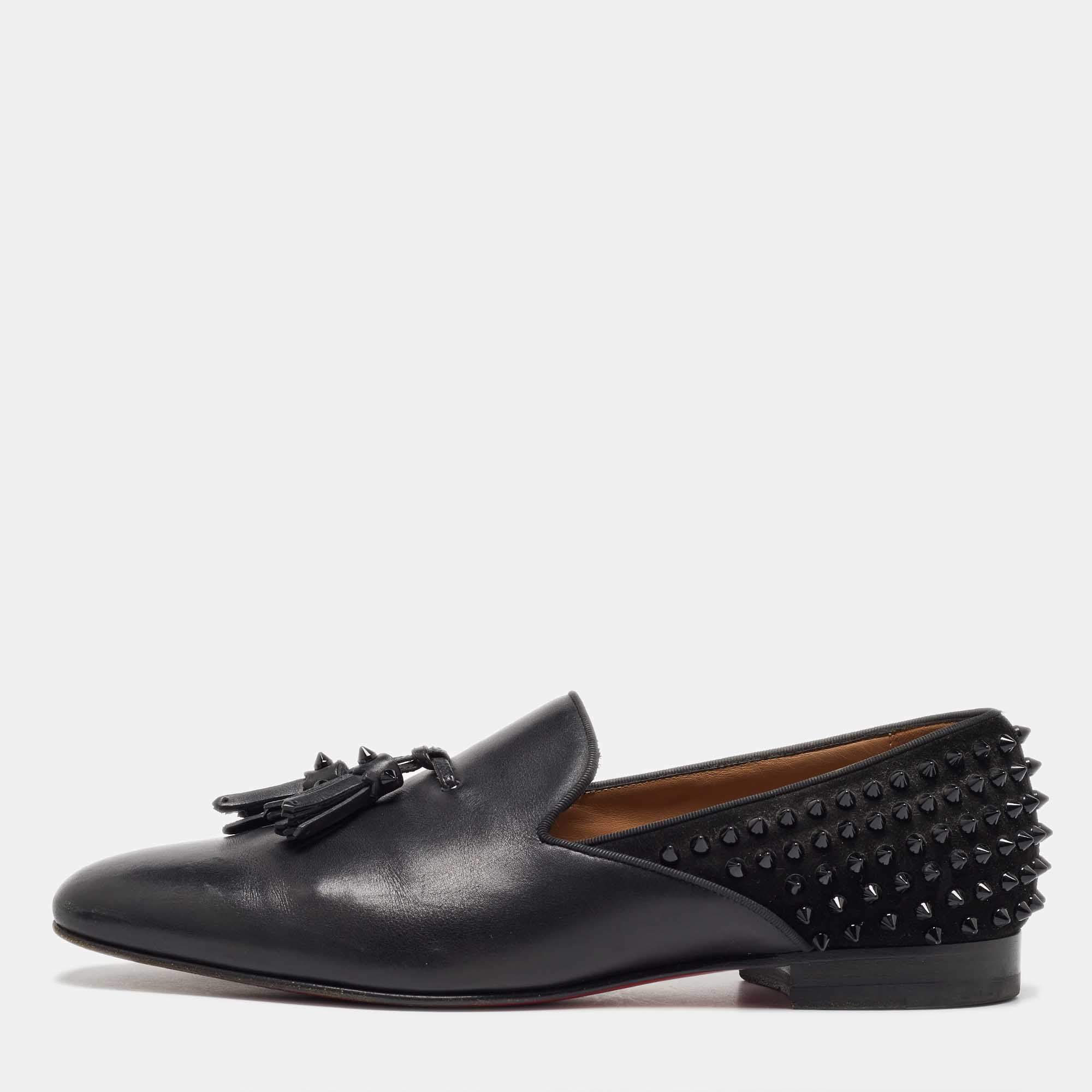 Christian Louboutin Black Leather and Suede Spikes Smoking Slippers Size 44.5