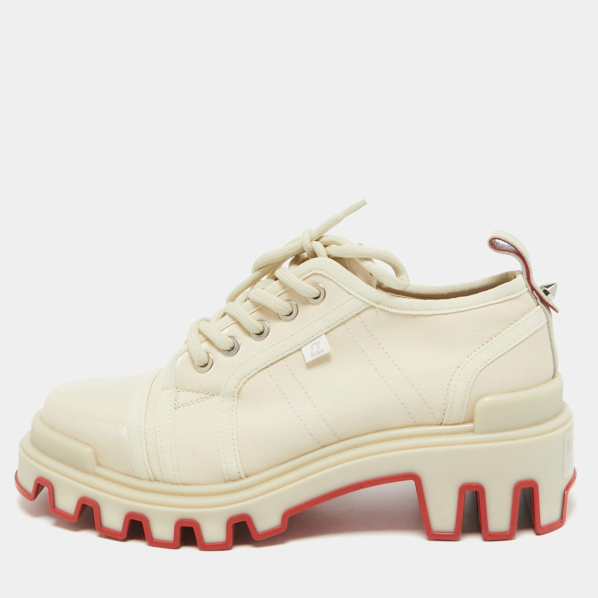 Christian Louboutin Cream Canvas Panamic Lace Up Sneakers Size 42