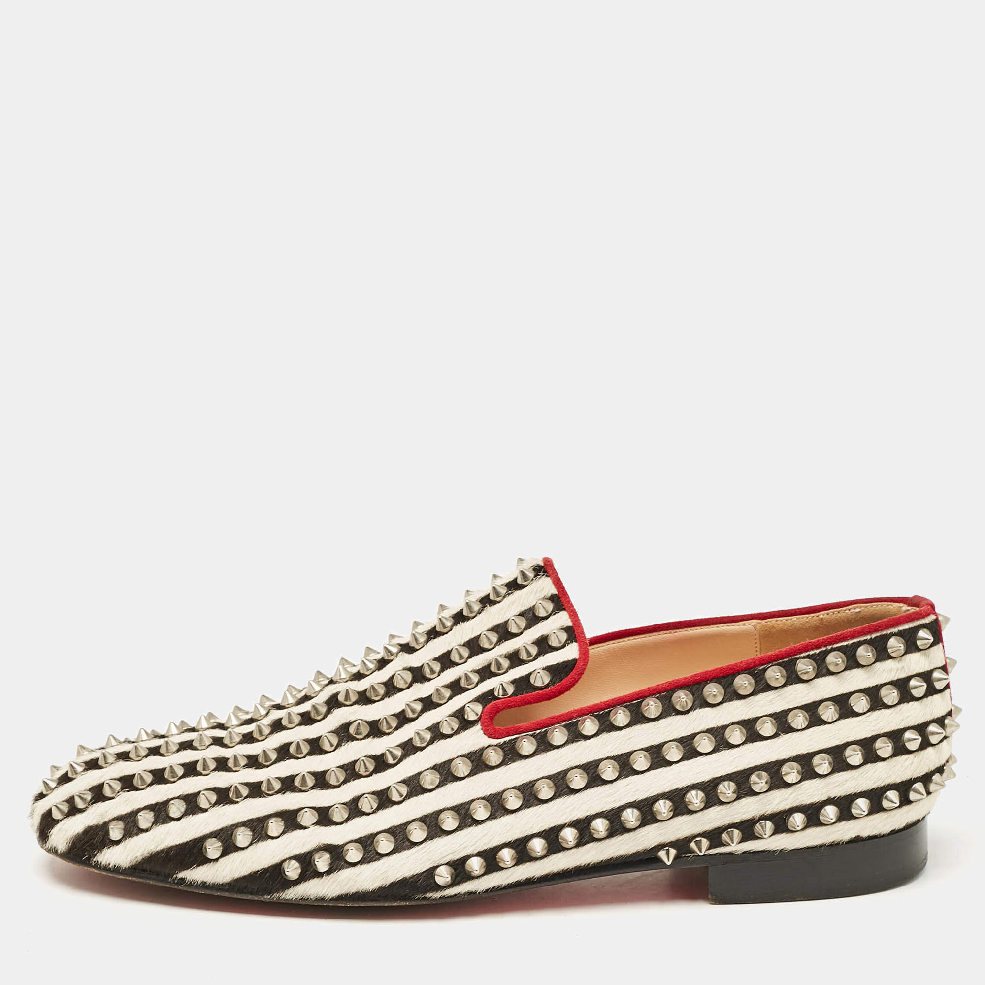 Christian Louboutin Black/White Calf Hair Rollerboy Spiked Loafers Size 42