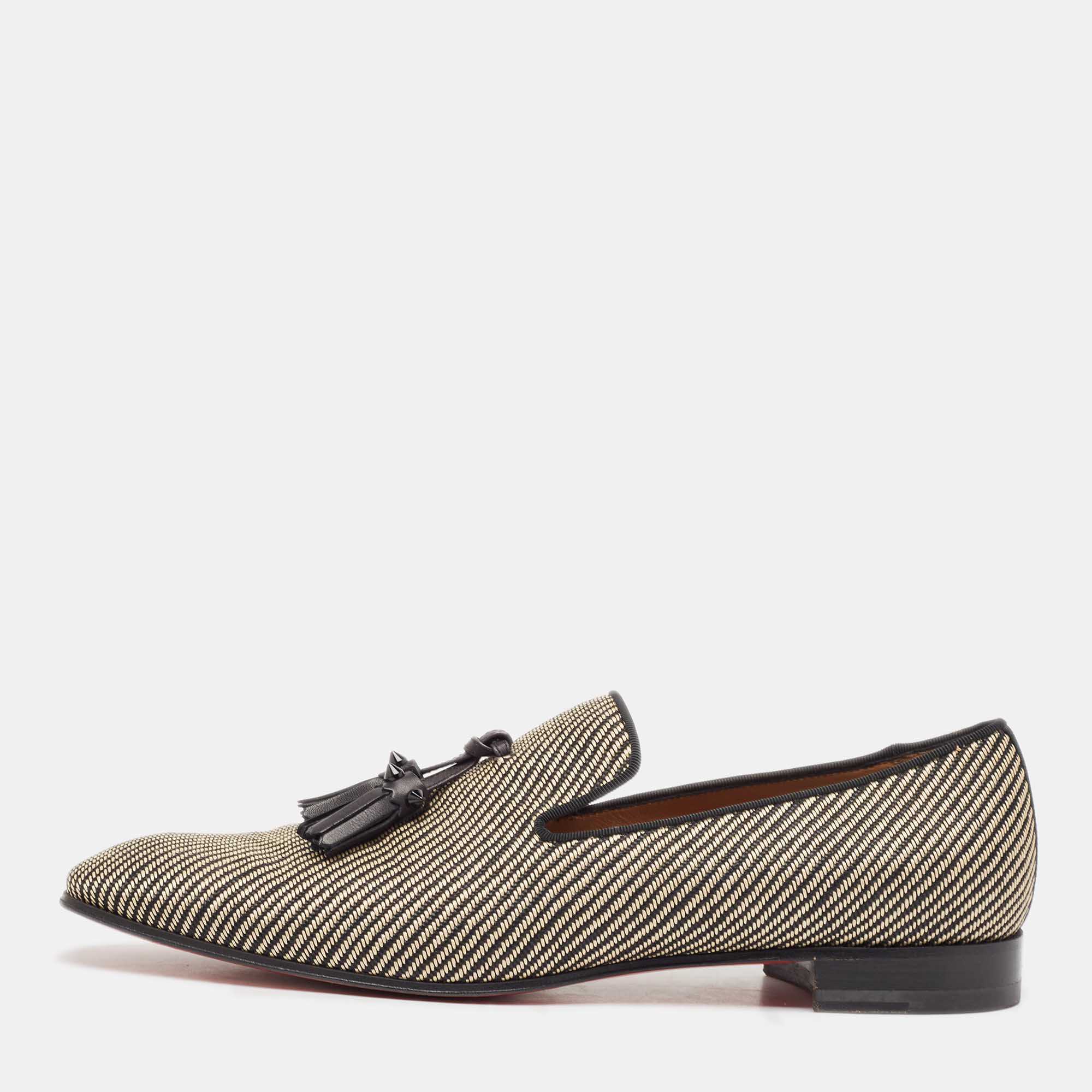 Christian Louboutin Black/Beige Woven Raffia Dandelion Tassel Slip On Loafers Size 42