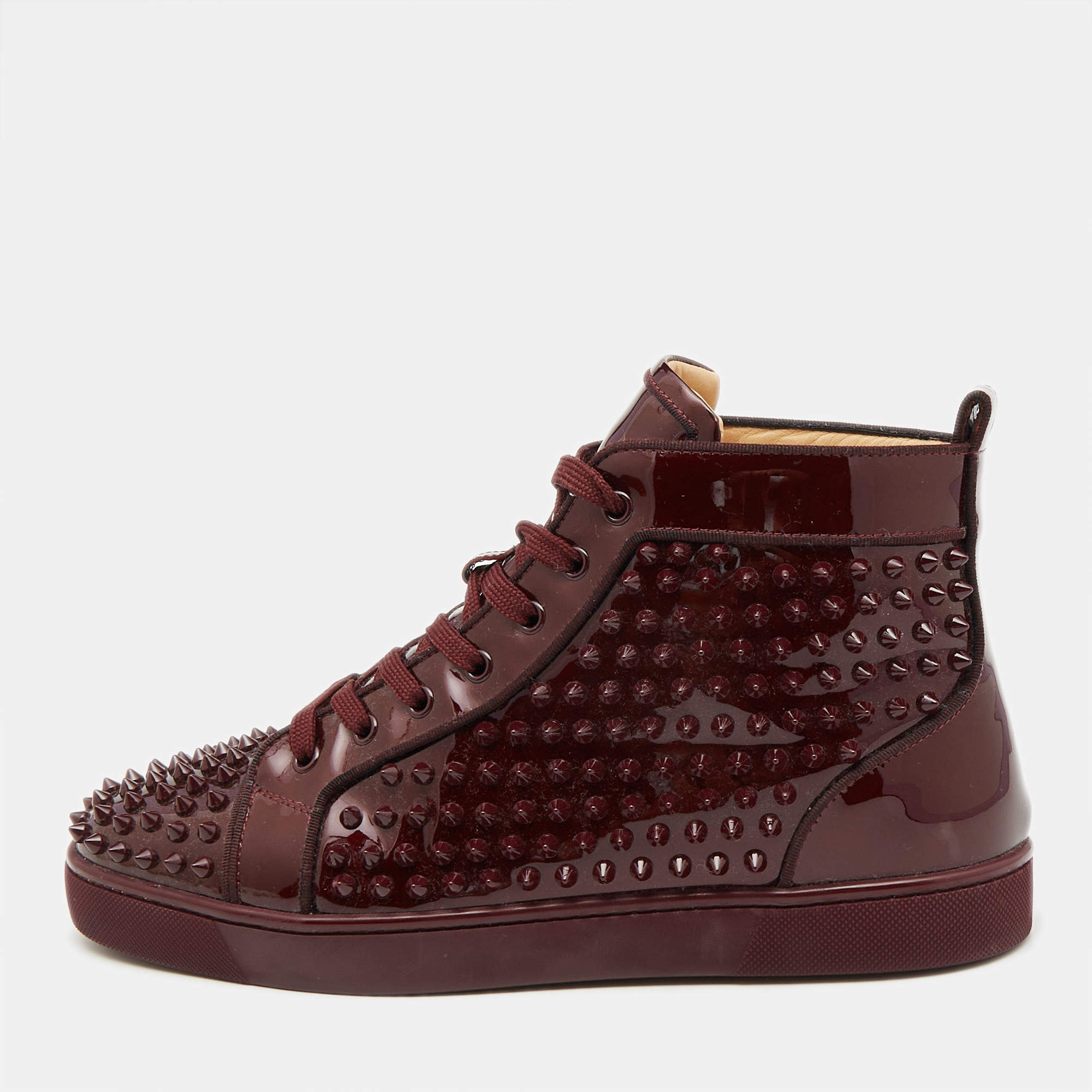 مملوكة مسبقًا Christian Louboutin Burgundy Patent Leather Louis Spikes High Top Sneakers Size 43