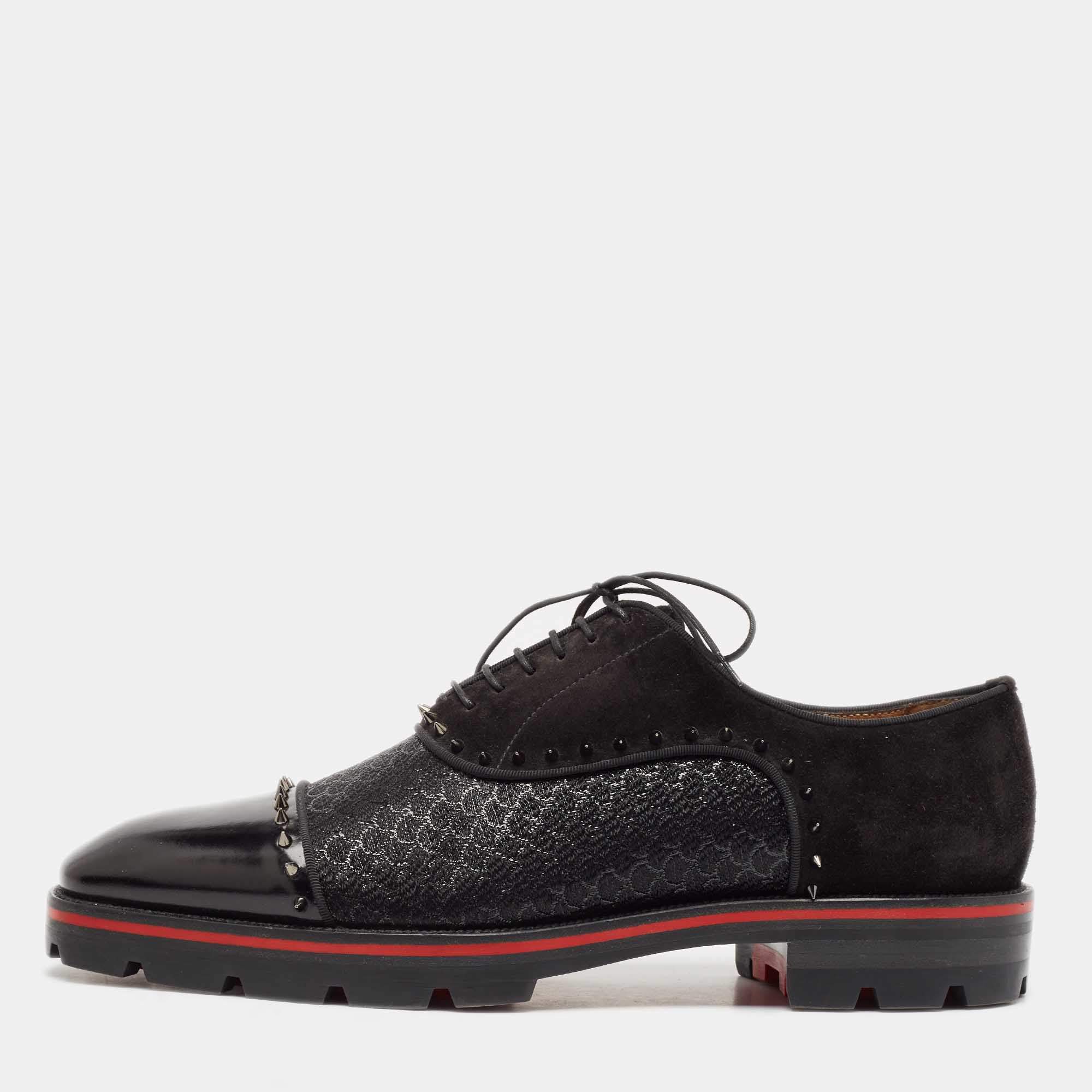 Christian Louboutin Black Leather and Suede Spikes Champignac Oxfords Size 42.5