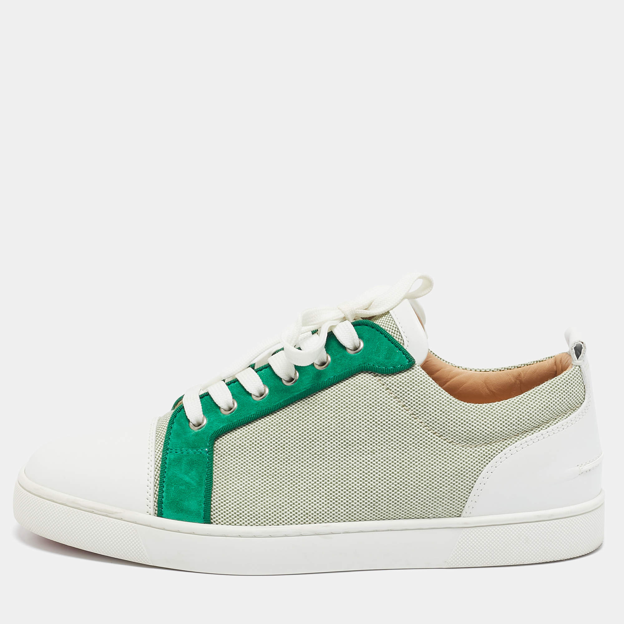 Pre Owned Christian Louboutin Green/White Canvas and Leather Louis Junior Low Top Sneakers Size 43.5