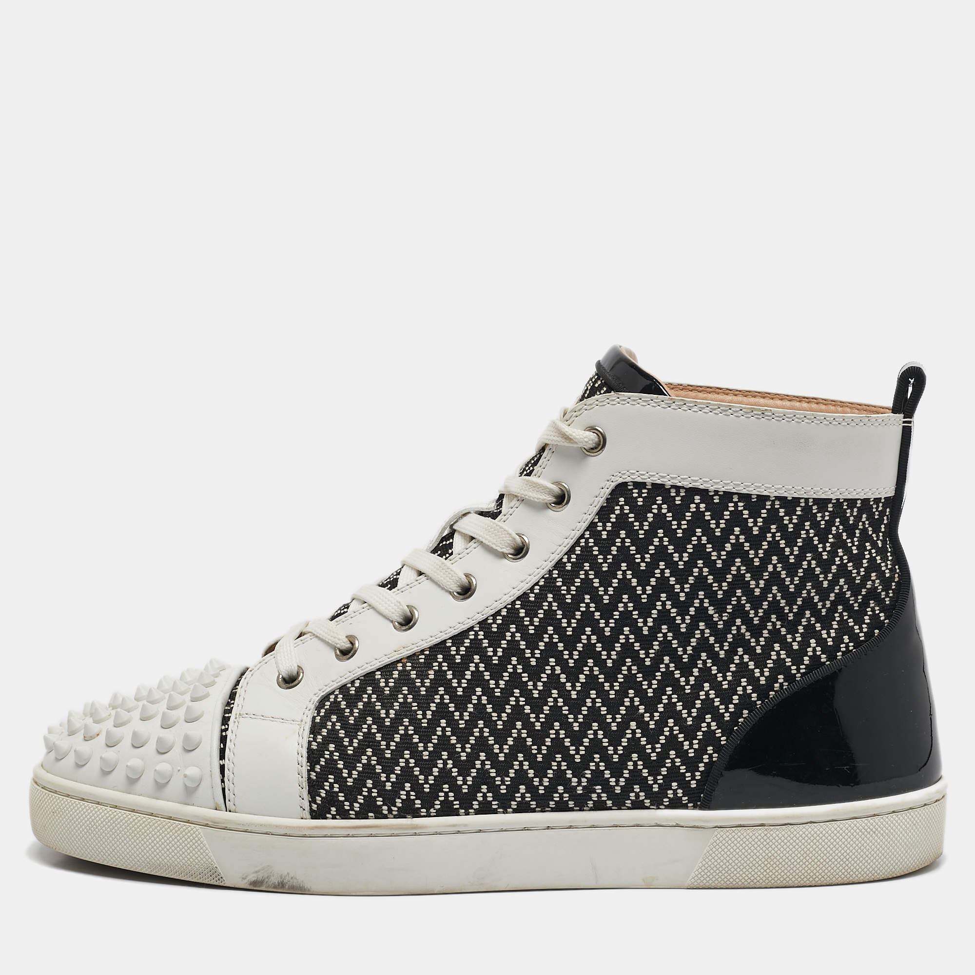 Christian Louboutin Black/White Canvas, Patent and Leather Lou Spikes Orlato Sneakers Size 45