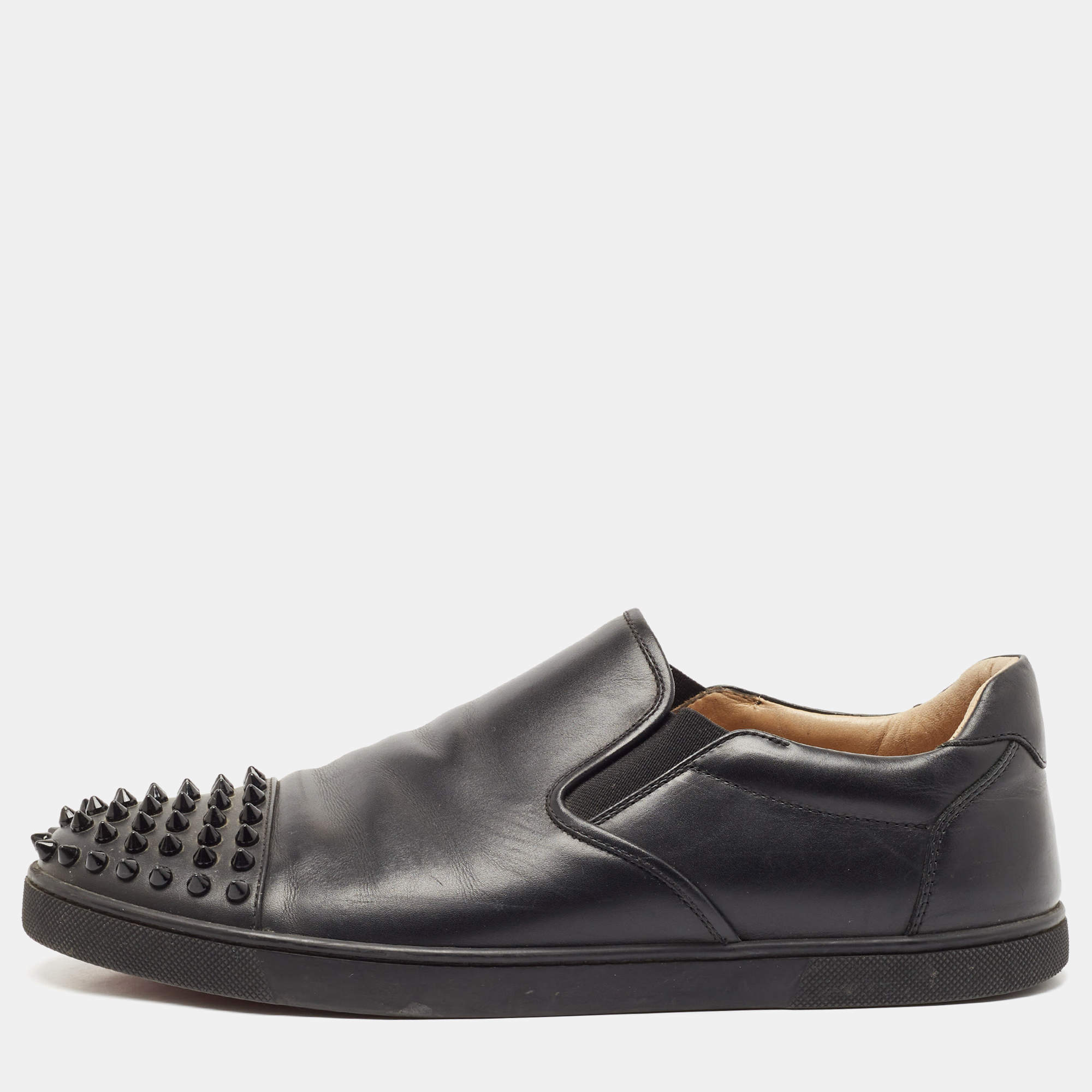 Christian Louboutin Black Leather Boat Spike Slip On Sneakers Size 41