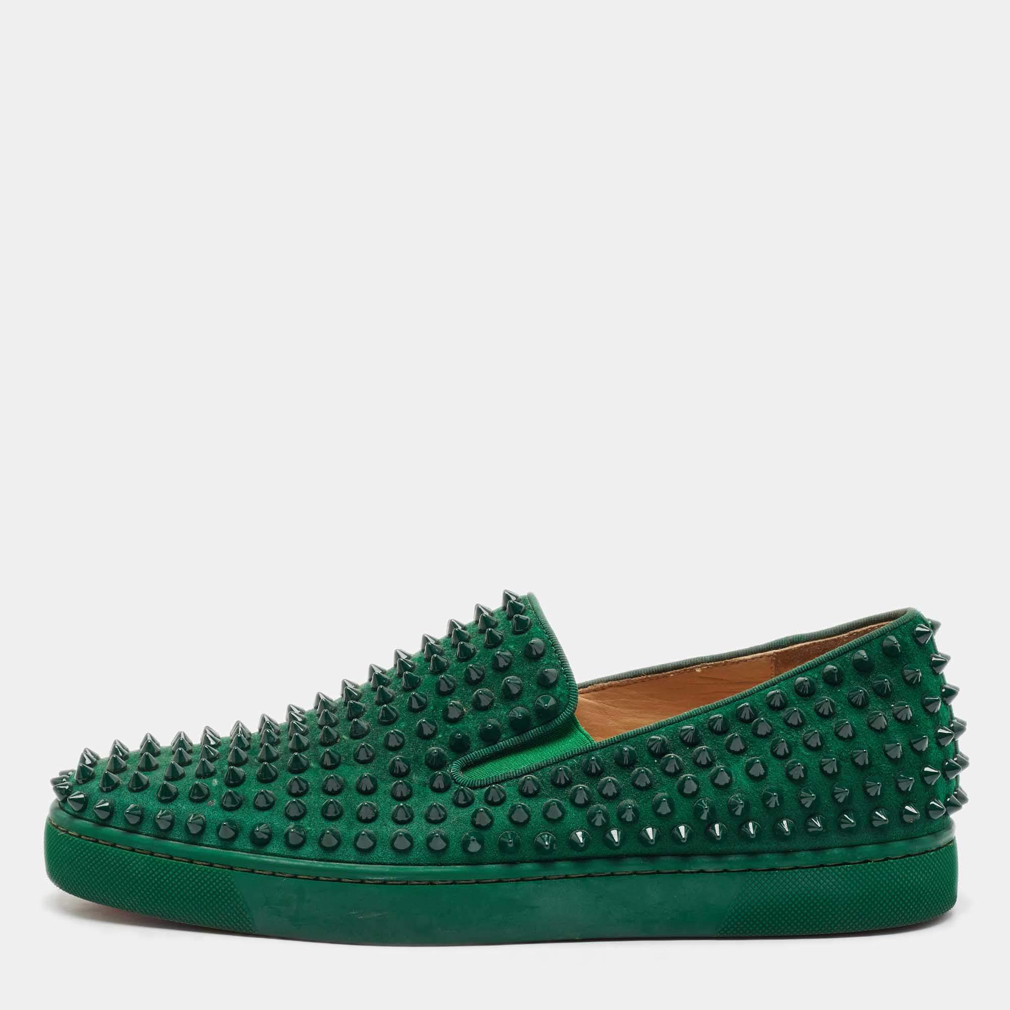 Christian Louboutin Green Suede Roller Boat Spike Slip On Sneakers Size 40.5