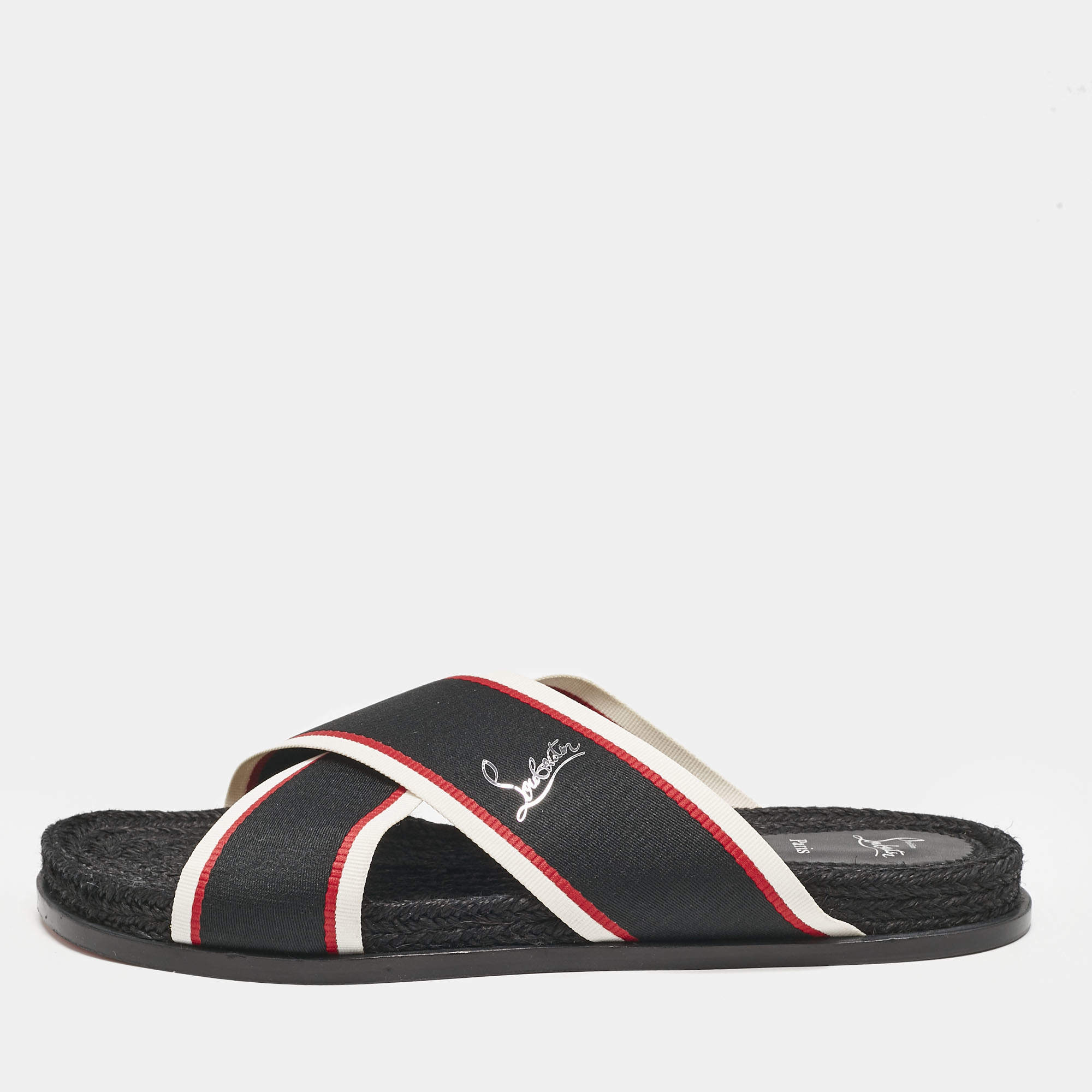 Christian Louboutin Black Canvas Hot Cross Flat Slides Size 43